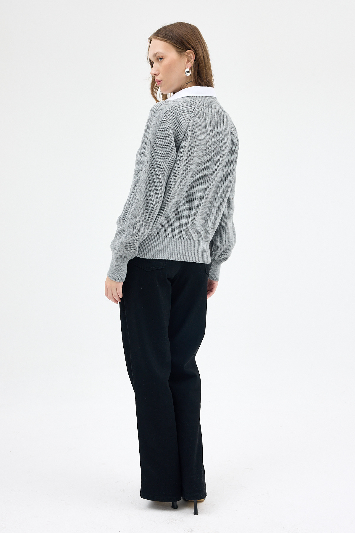 Açık Gri Gömlek Yakalı Örgü Kadın Kazak 2335 - 5