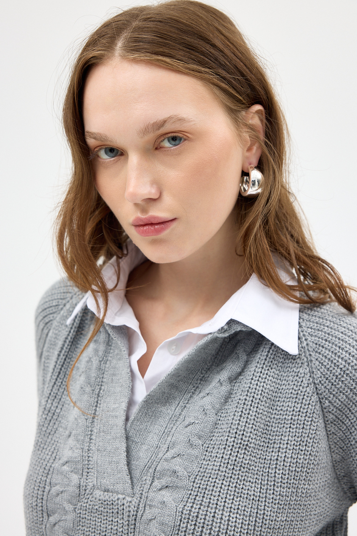 Açık Gri Gömlek Yakalı Örgü Kadın Kazak 2335 - 4