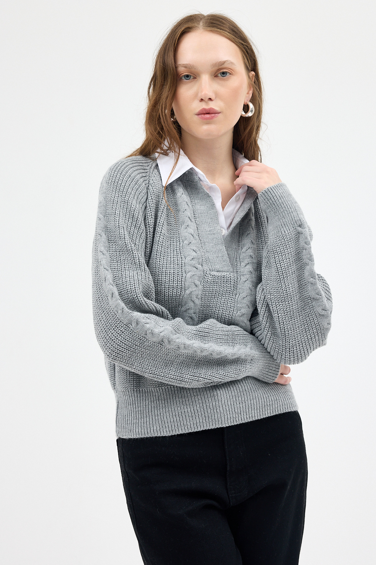 Açık Gri Gömlek Yakalı Örgü Kadın Kazak 2335 - 6