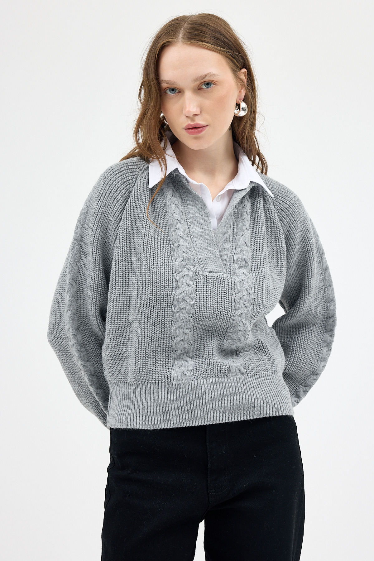 Açık Gri Gömlek Yakalı Örgü Kadın Kazak 2335 - 7