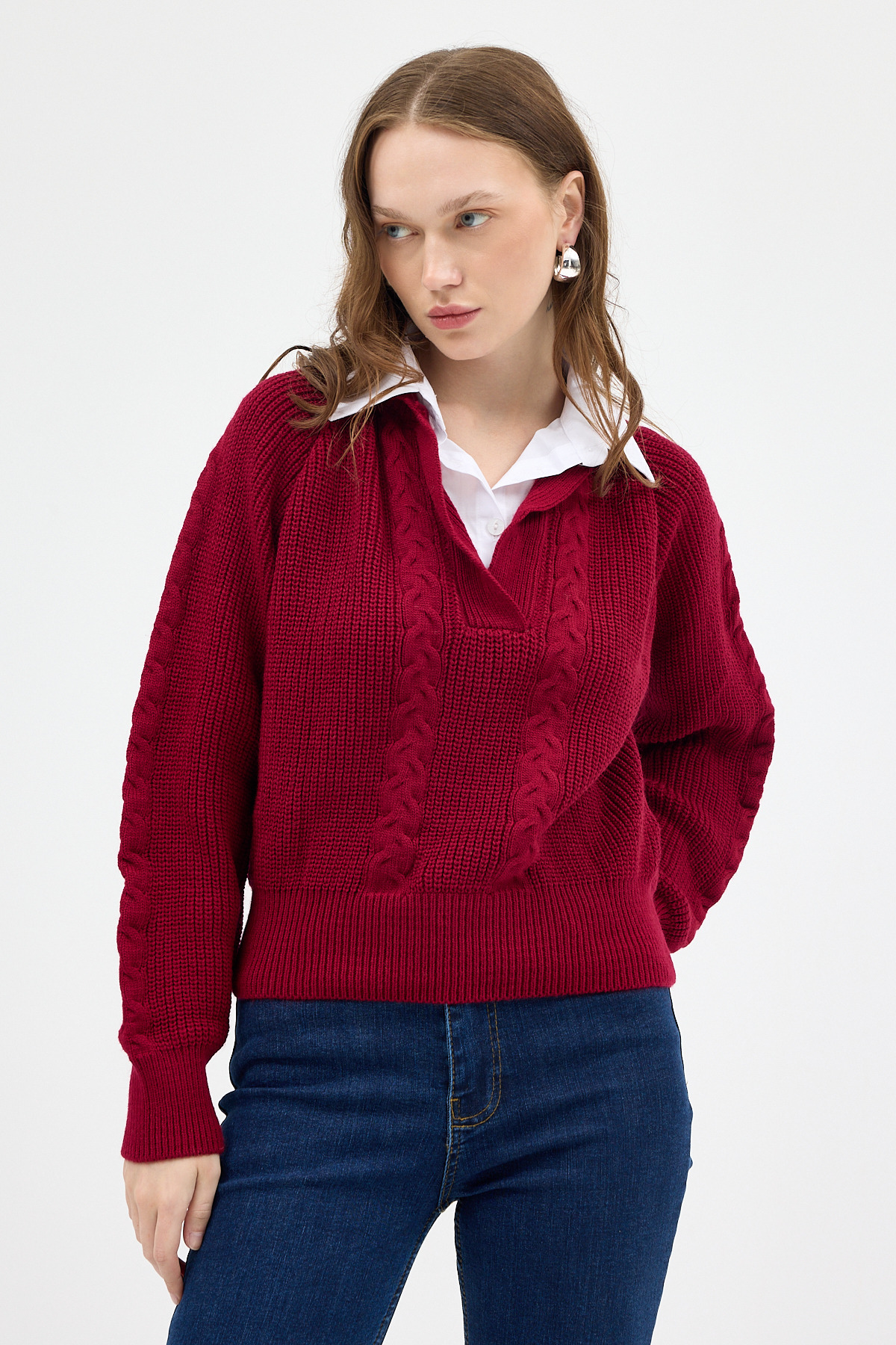 Bordo Gömlek Yakalı Örgü Kadın Kazak 2335 - 1