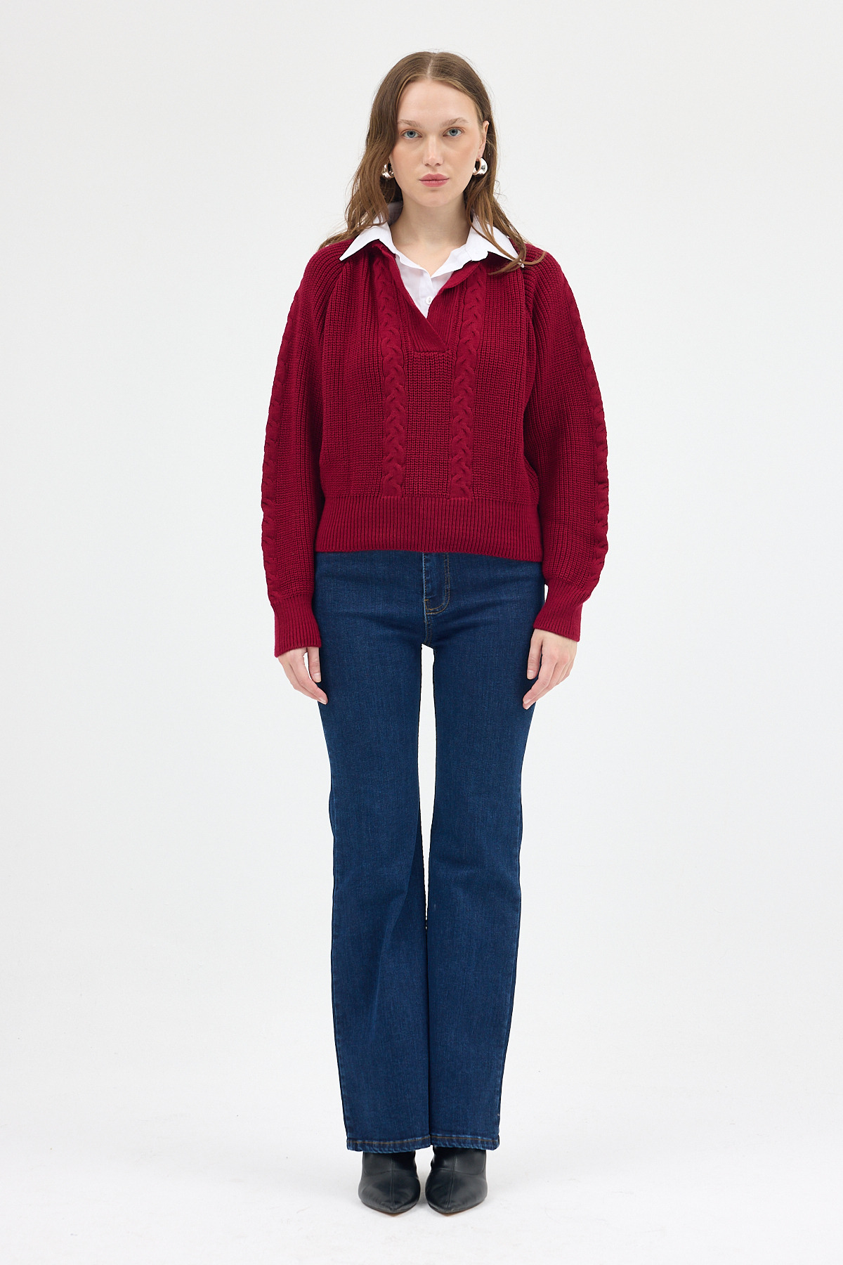 Bordo Gömlek Yakalı Örgü Kadın Kazak 2335 - 2