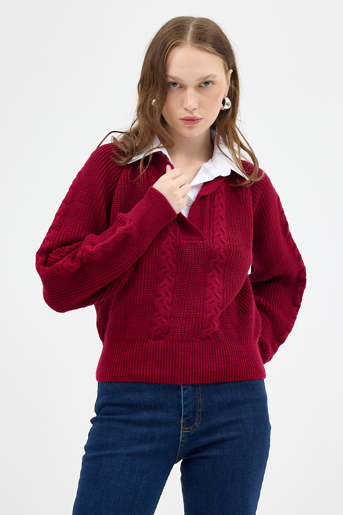 Bordo Gömlek Yakalı Örgü Kadın Kazak 2335 - 3