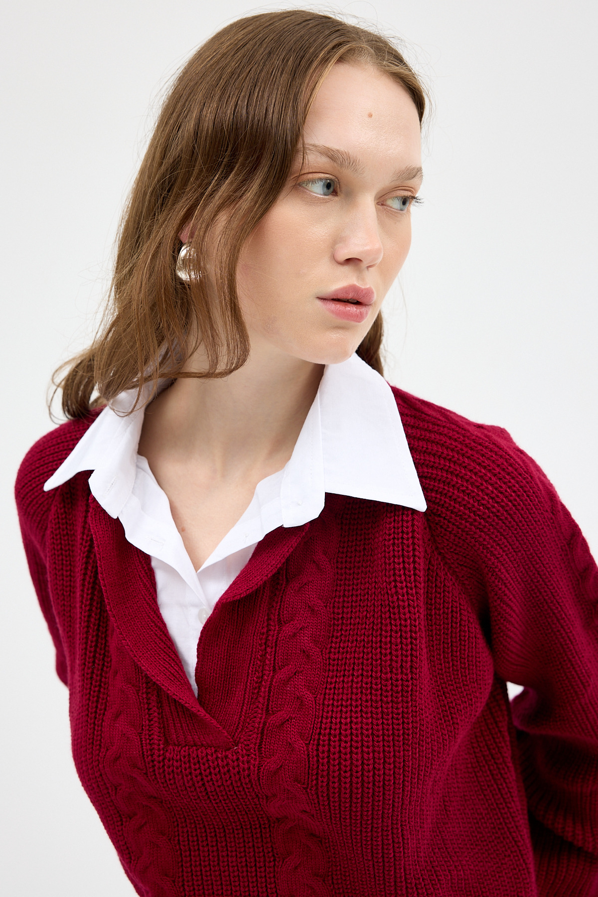 Bordo Gömlek Yakalı Örgü Kadın Kazak 2335 - 4