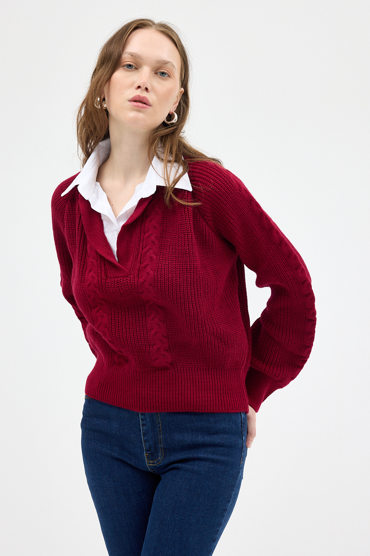 Bordo Gömlek Yakalı Örgü Kadın Kazak 2335 - 6