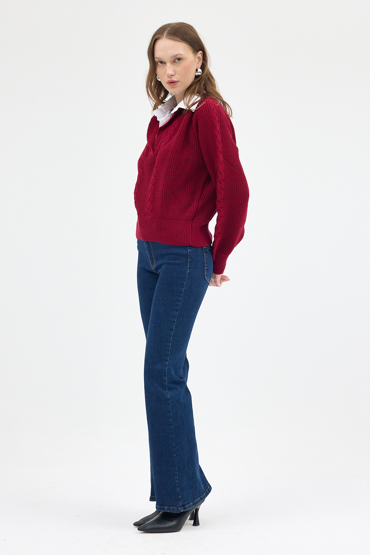 Bordo Gömlek Yakalı Örgü Kadın Kazak 2335 - 7