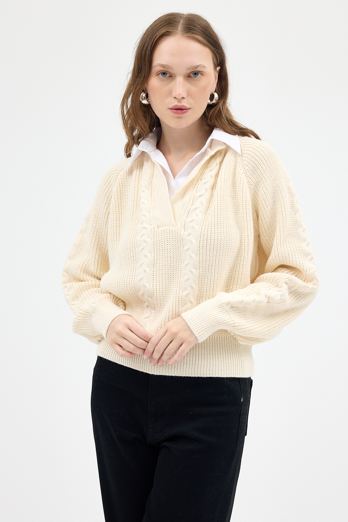 Natural Gömlek Yakalı Örgü Kadın Kazak 2335 - RAYS