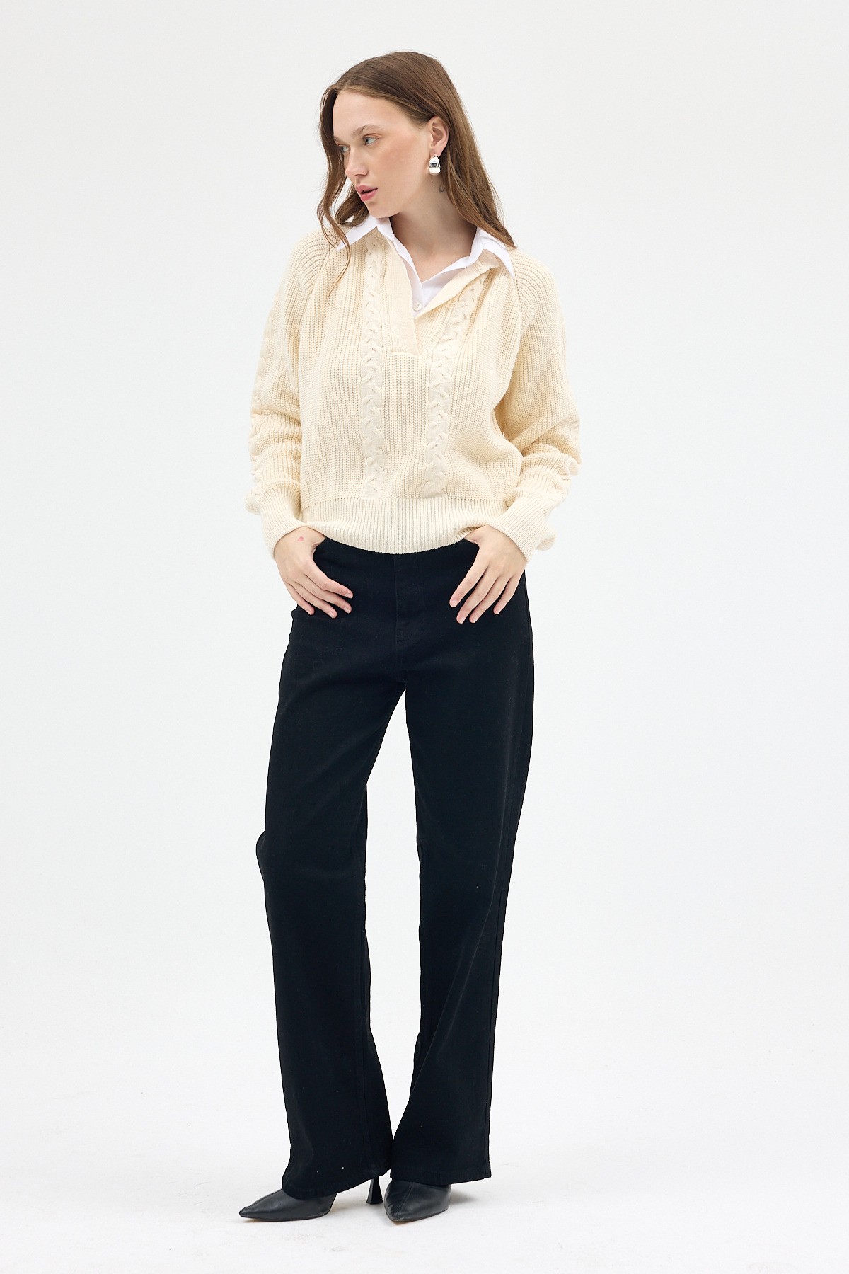 Natural Gömlek Yakalı Örgü Kadın Kazak 2335 - RAYS