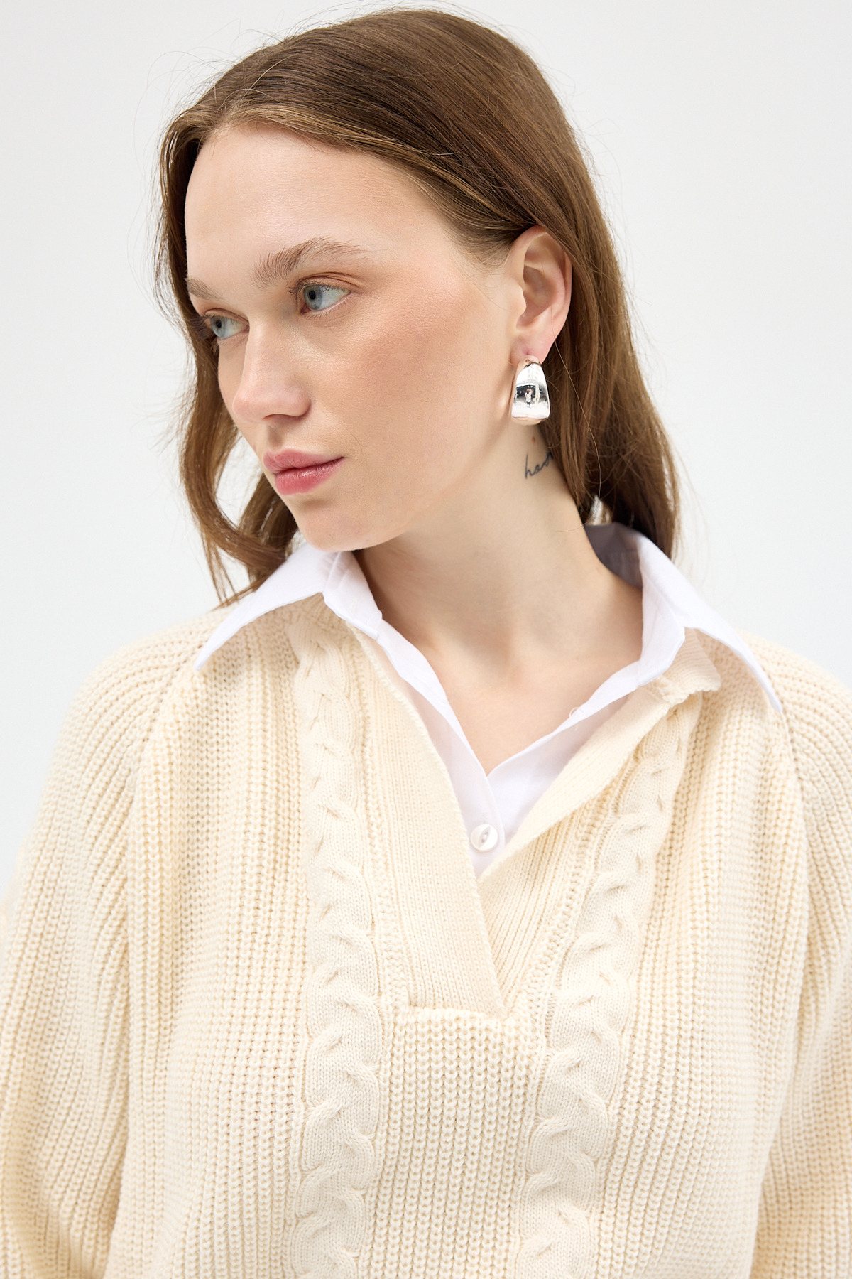 Natural Gömlek Yakalı Örgü Kadın Kazak 2335 - 4