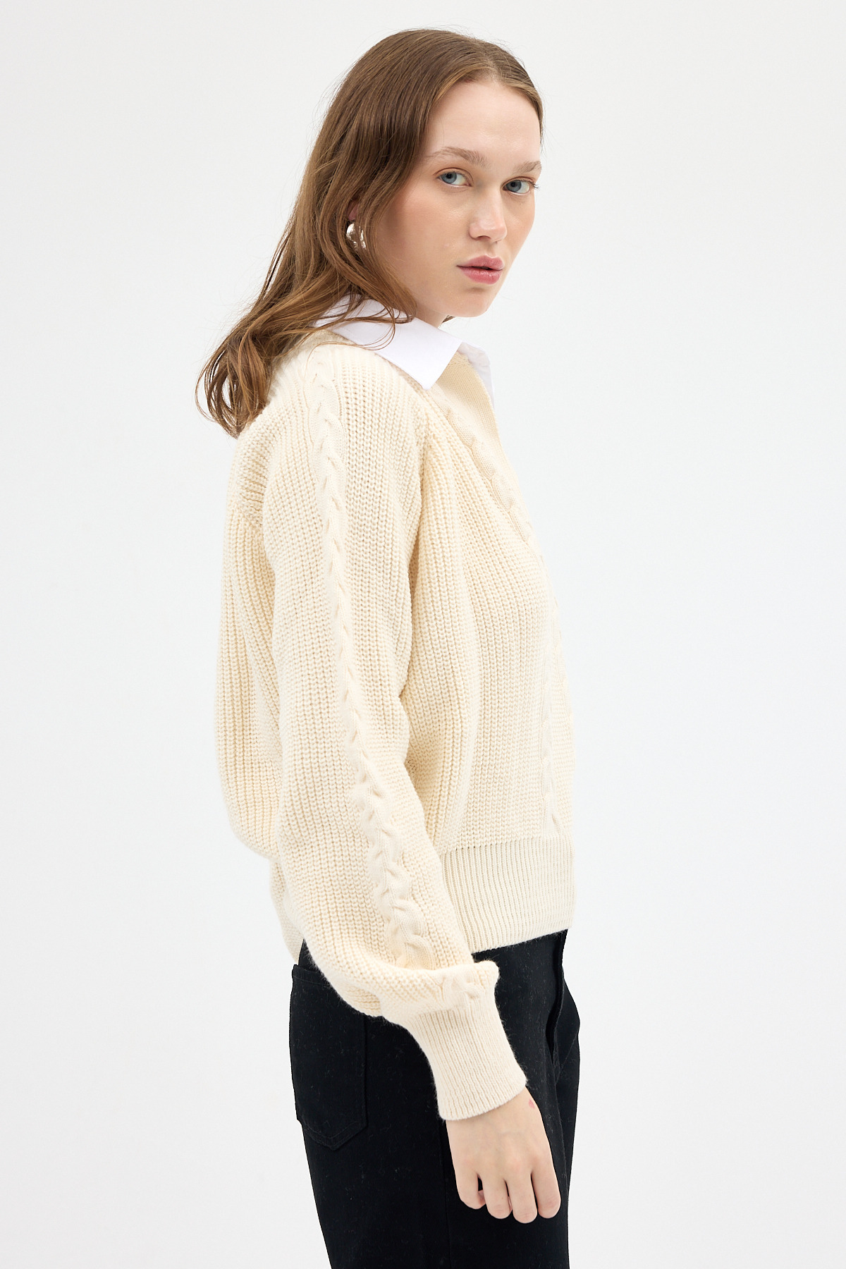 Natural Gömlek Yakalı Örgü Kadın Kazak 2335 - 3