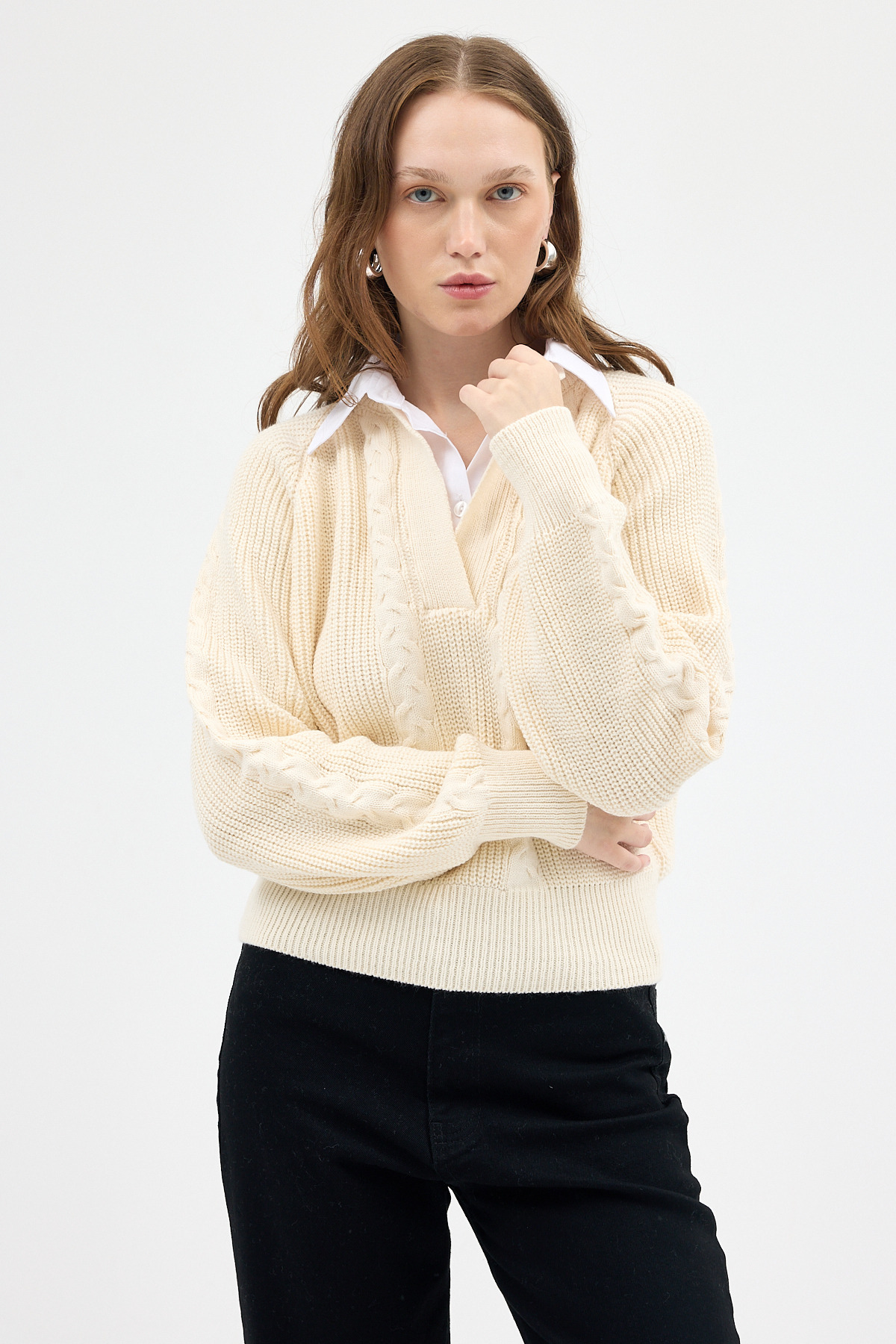 Natural Gömlek Yakalı Örgü Kadın Kazak 2335 - 6