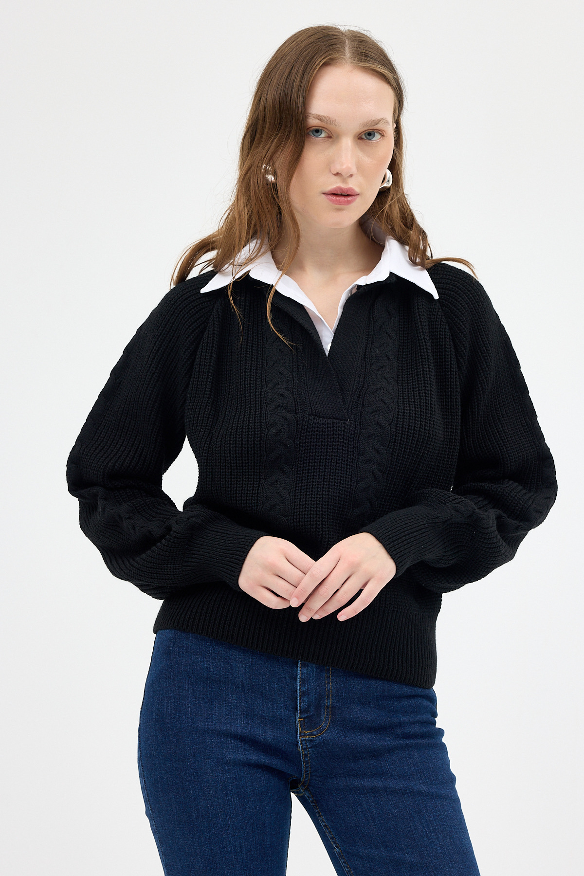 Siyah Gömlek Yakalı Örgü Kadın Kazak 2335 - RAYS