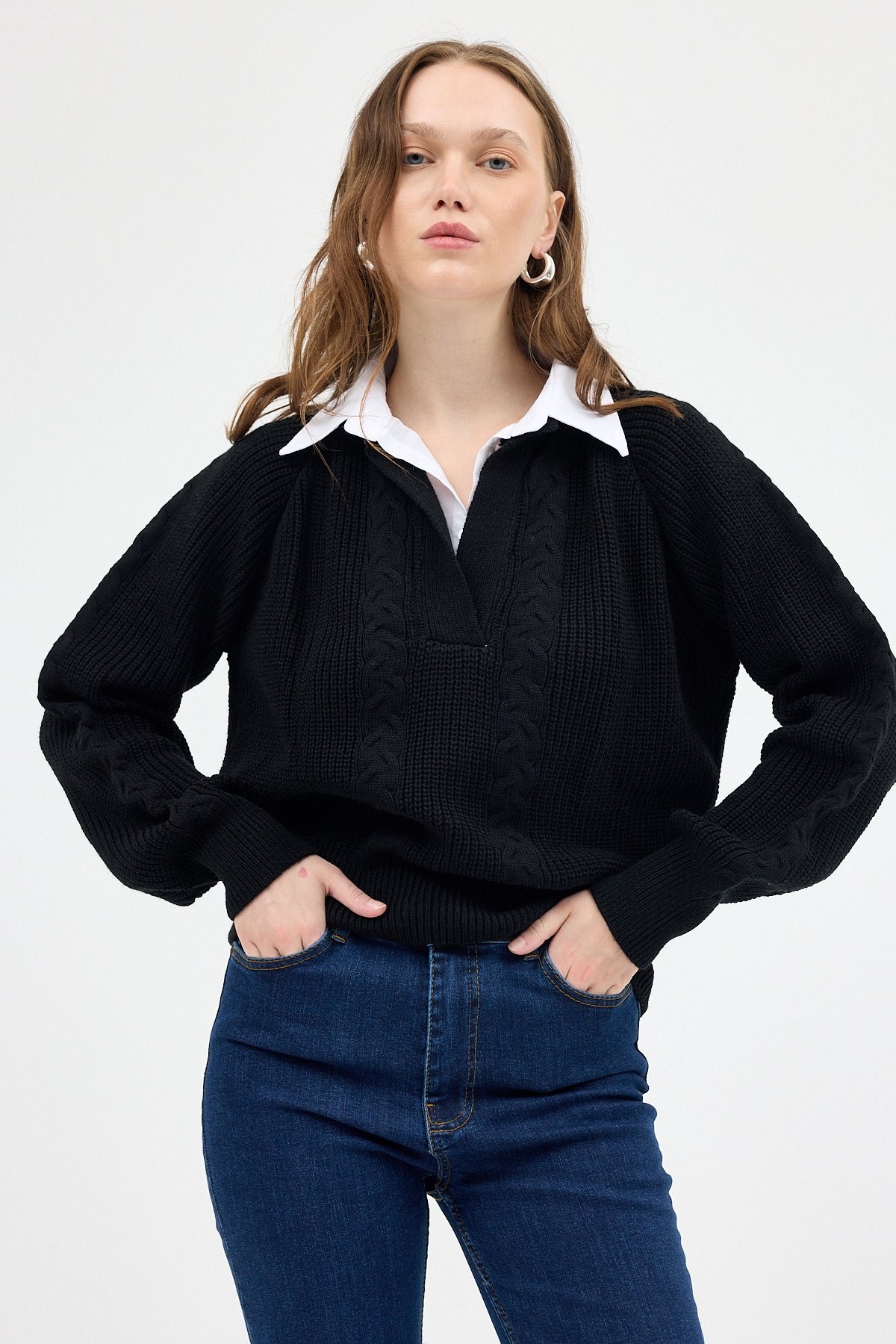 Siyah Gömlek Yakalı Örgü Kadın Kazak 2335 - RAYS