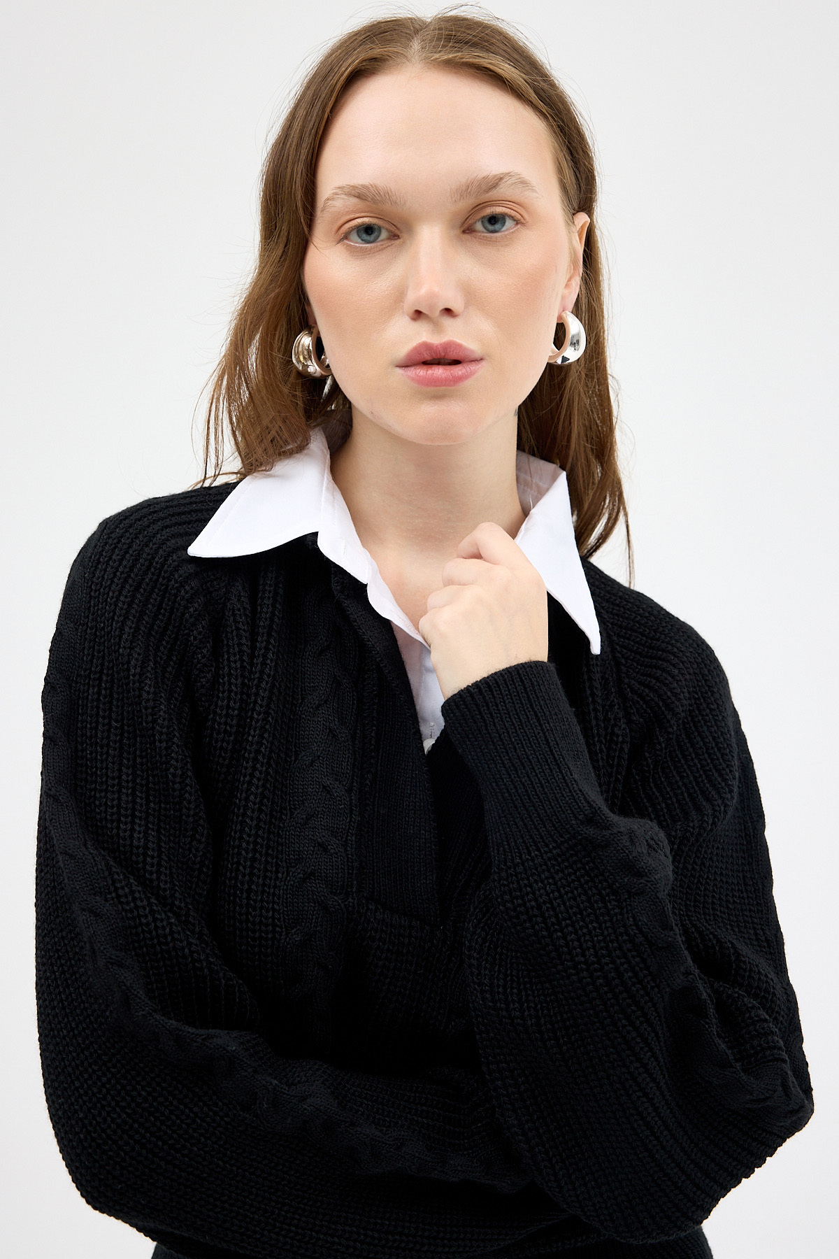 Siyah Gömlek Yakalı Örgü Kadın Kazak 2335 - 4