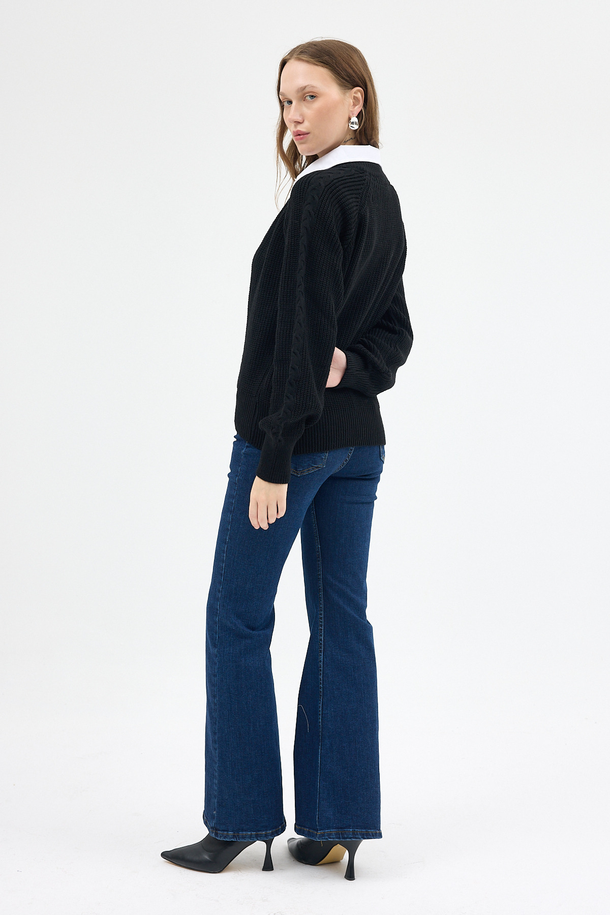 Siyah Gömlek Yakalı Örgü Kadın Kazak 2335 - 6