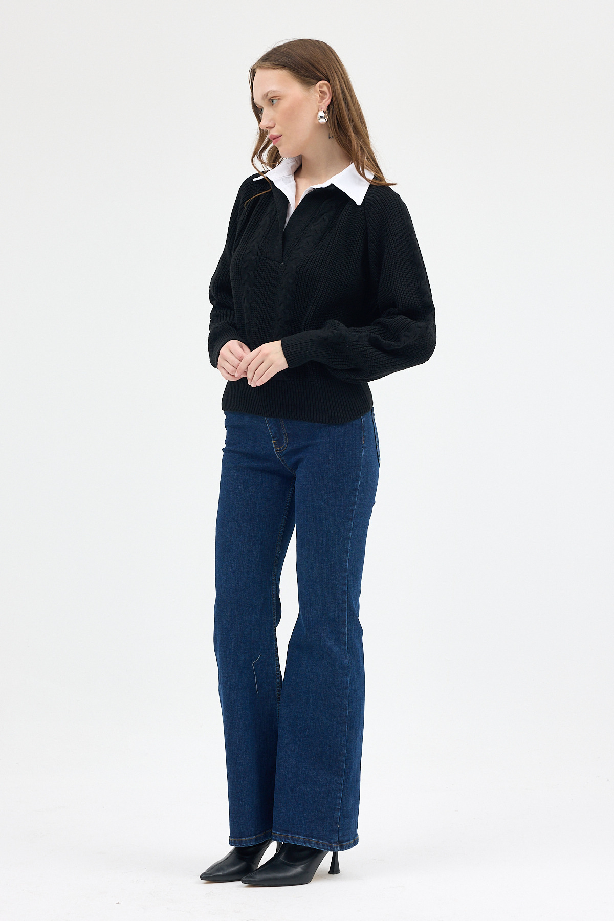 Siyah Gömlek Yakalı Örgü Kadın Kazak 2335 - 7