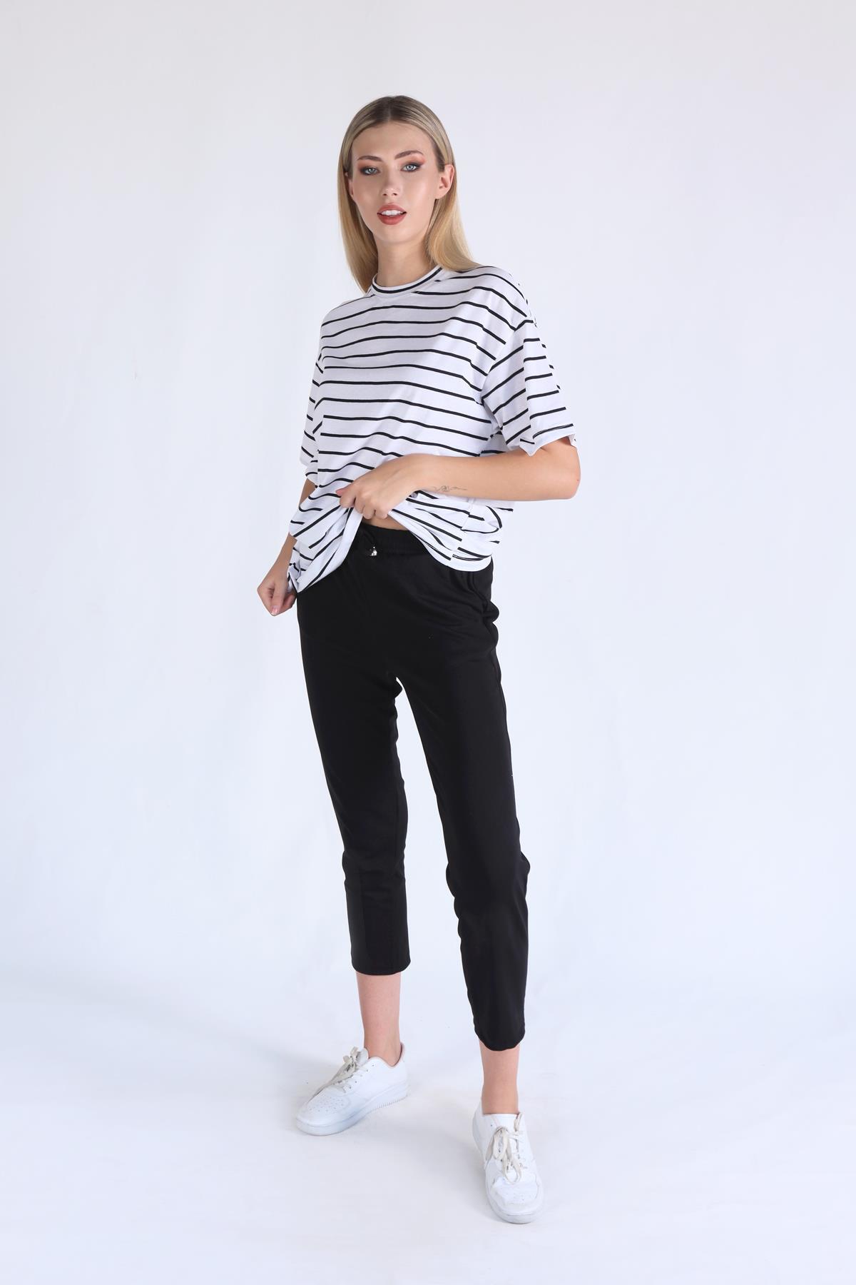 Beyaz Çizgili Oversize Tişört 23350 - 2