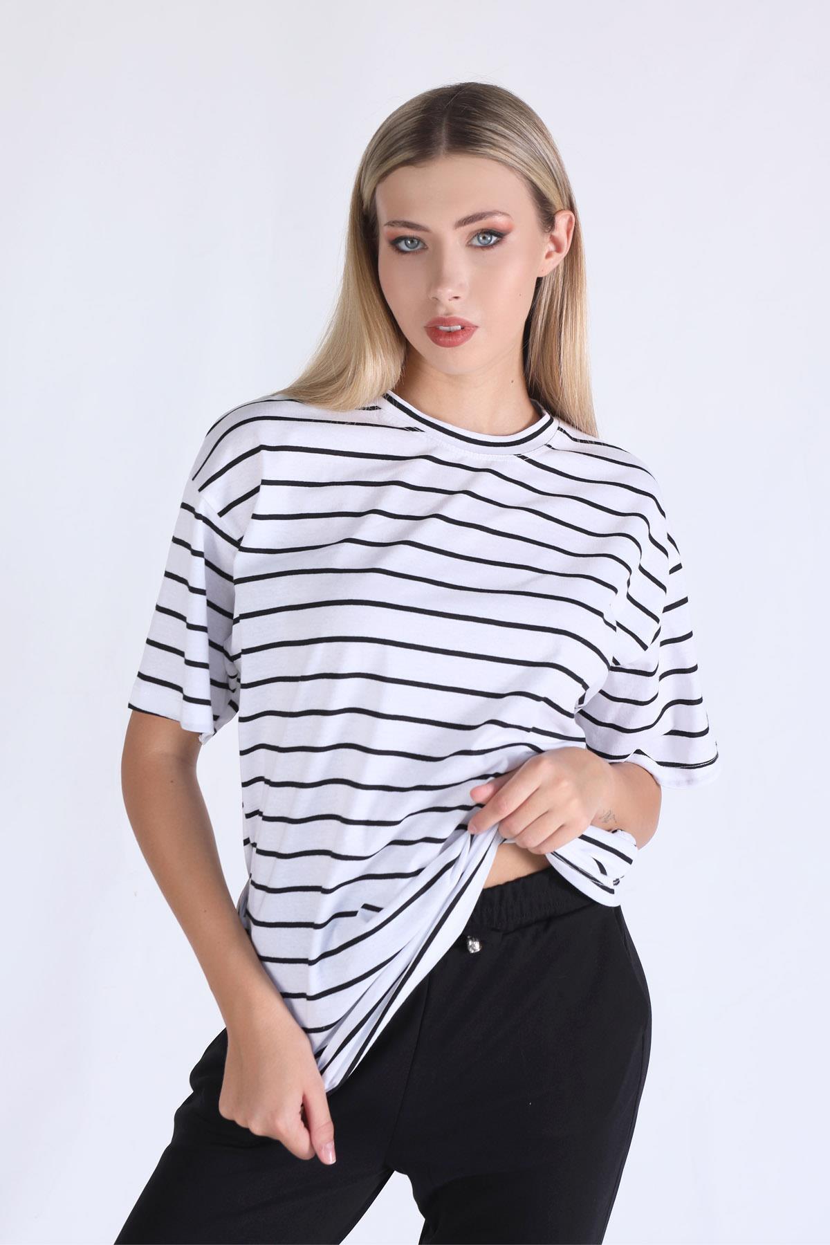 23350 Çizgili Oversize Tişört Beyaz - 3