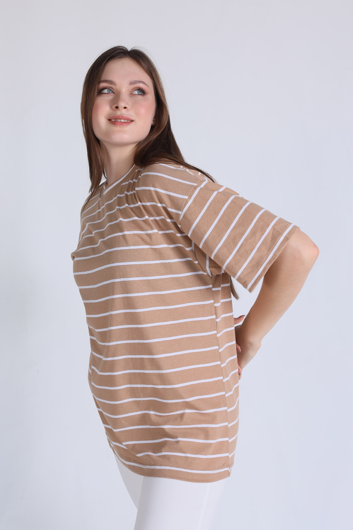 Bisküvi Çizgili Oversize Tişört 23350 - 2