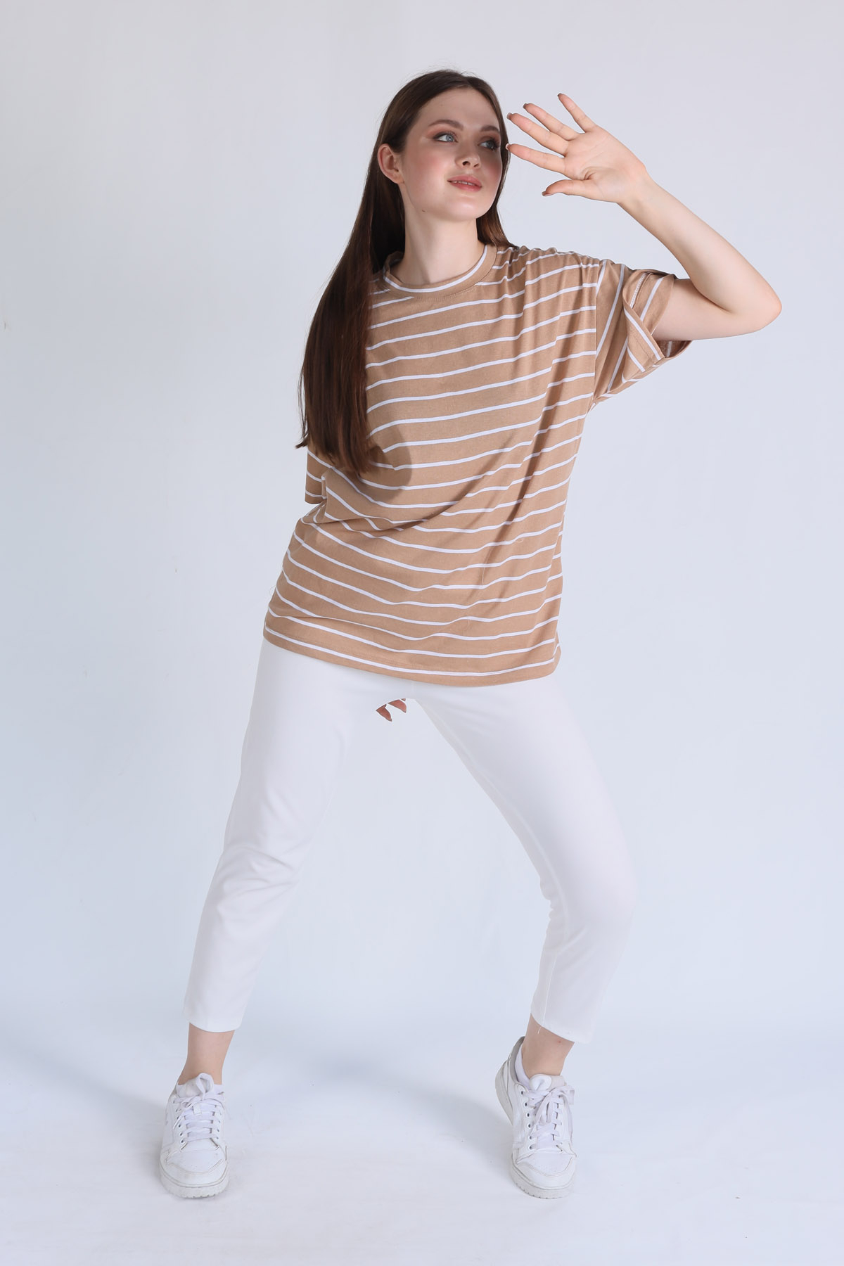 Bisküvi Çizgili Oversize Tişört 23350 - 3
