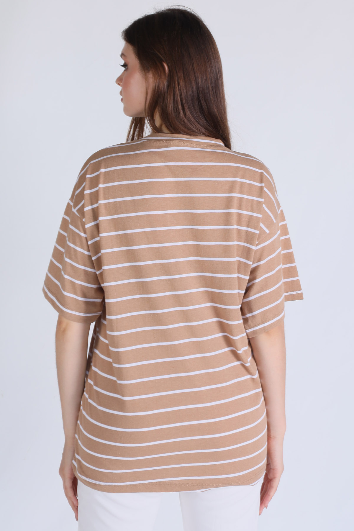 Bisküvi Çizgili Oversize Tişört 23350 - 4