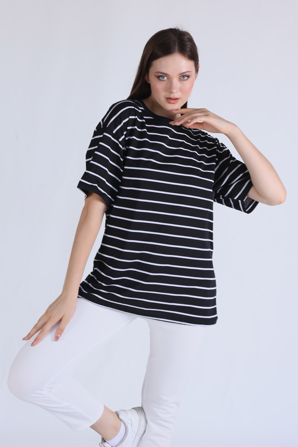 23350 Çizgili Oversize Tişört Siyah - 2