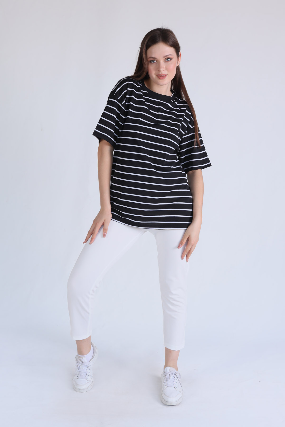 23350 Çizgili Oversize Tişört Siyah - 4