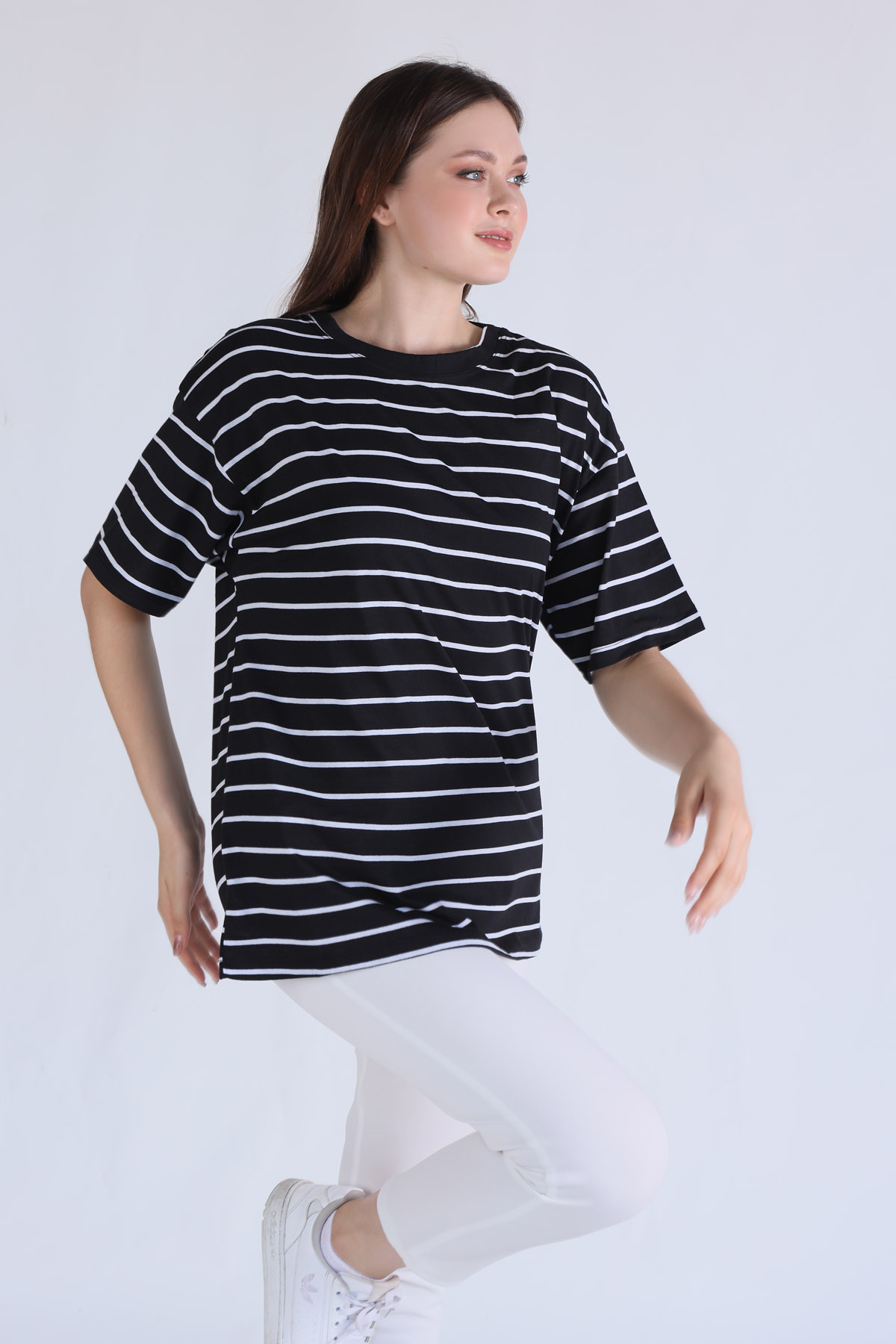 23350 Çizgili Oversize Tişört Siyah - 3