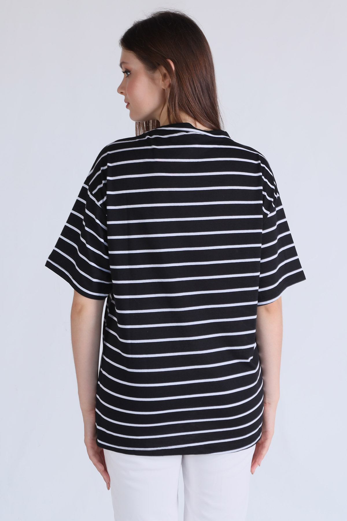 Siyah Çizgili Oversize Tişört 23350 - 5