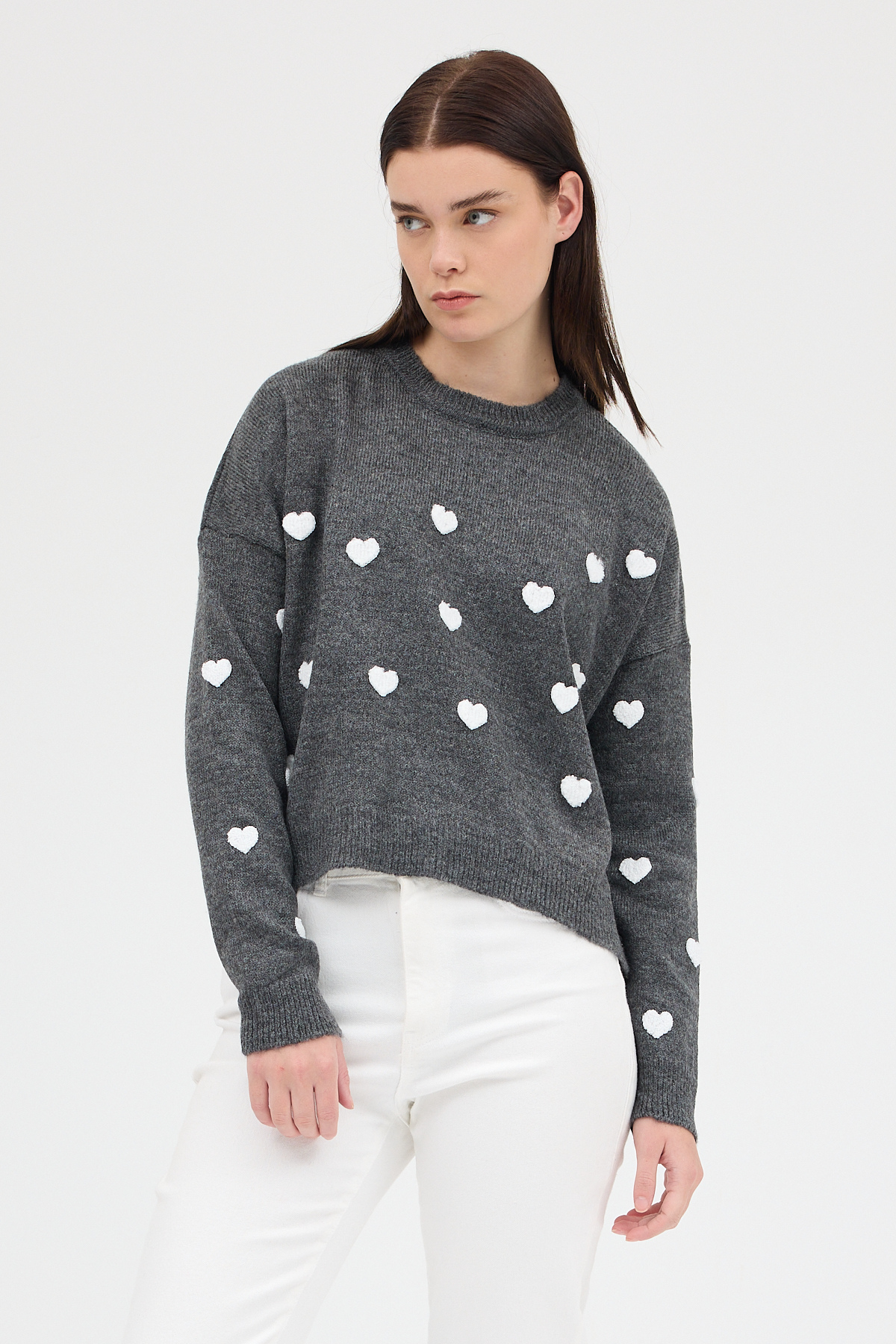 Antrasit Kalp Nakışlı Bisiklet Yaka Crop Kazak 2337 - RAYS