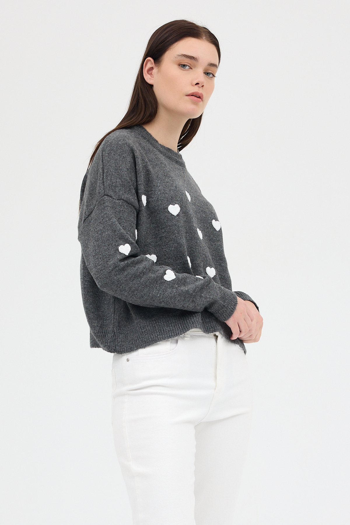 Antrasit Kalp Nakışlı Bisiklet Yaka Crop Kazak 2337 - RAYS