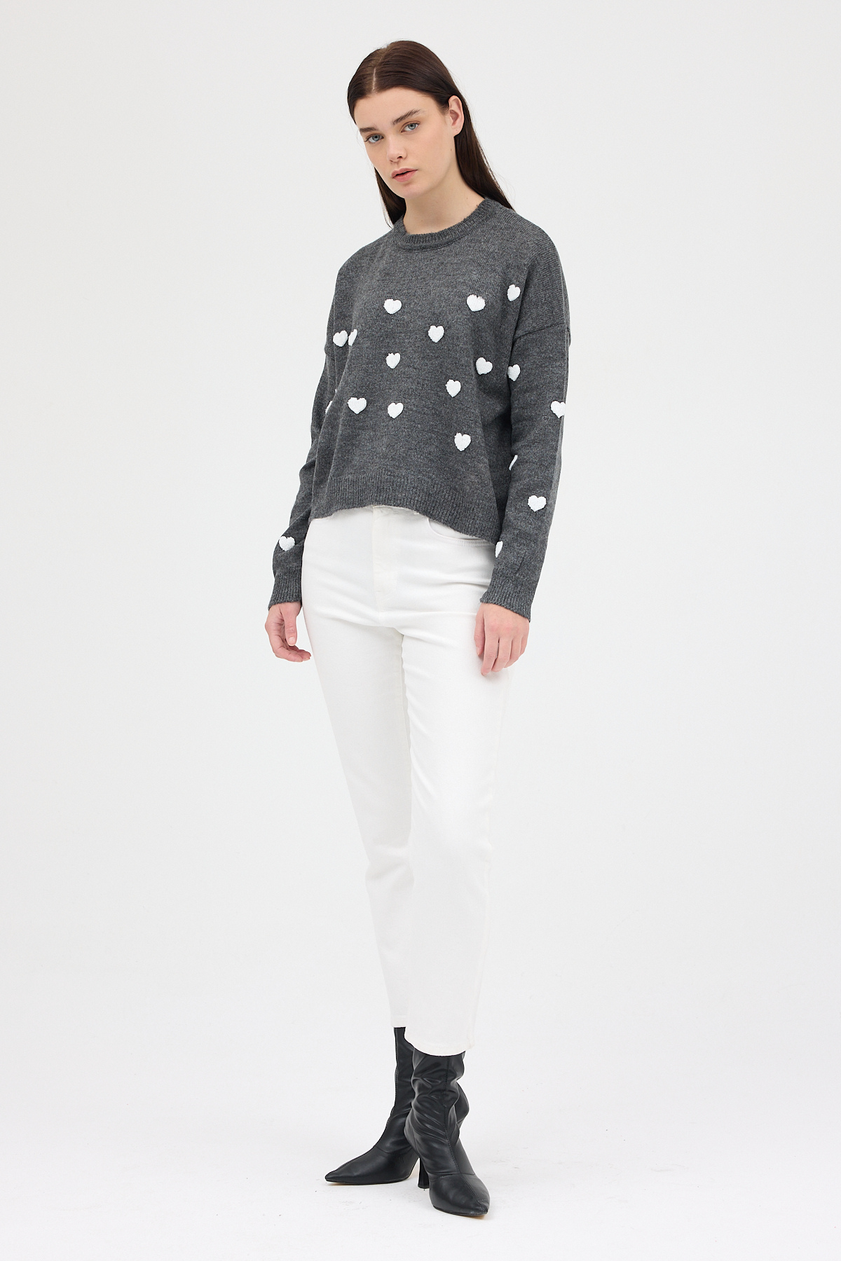 Antrasit Kalp Nakışlı Bisiklet Yaka Crop Kazak 2337 - RAYS