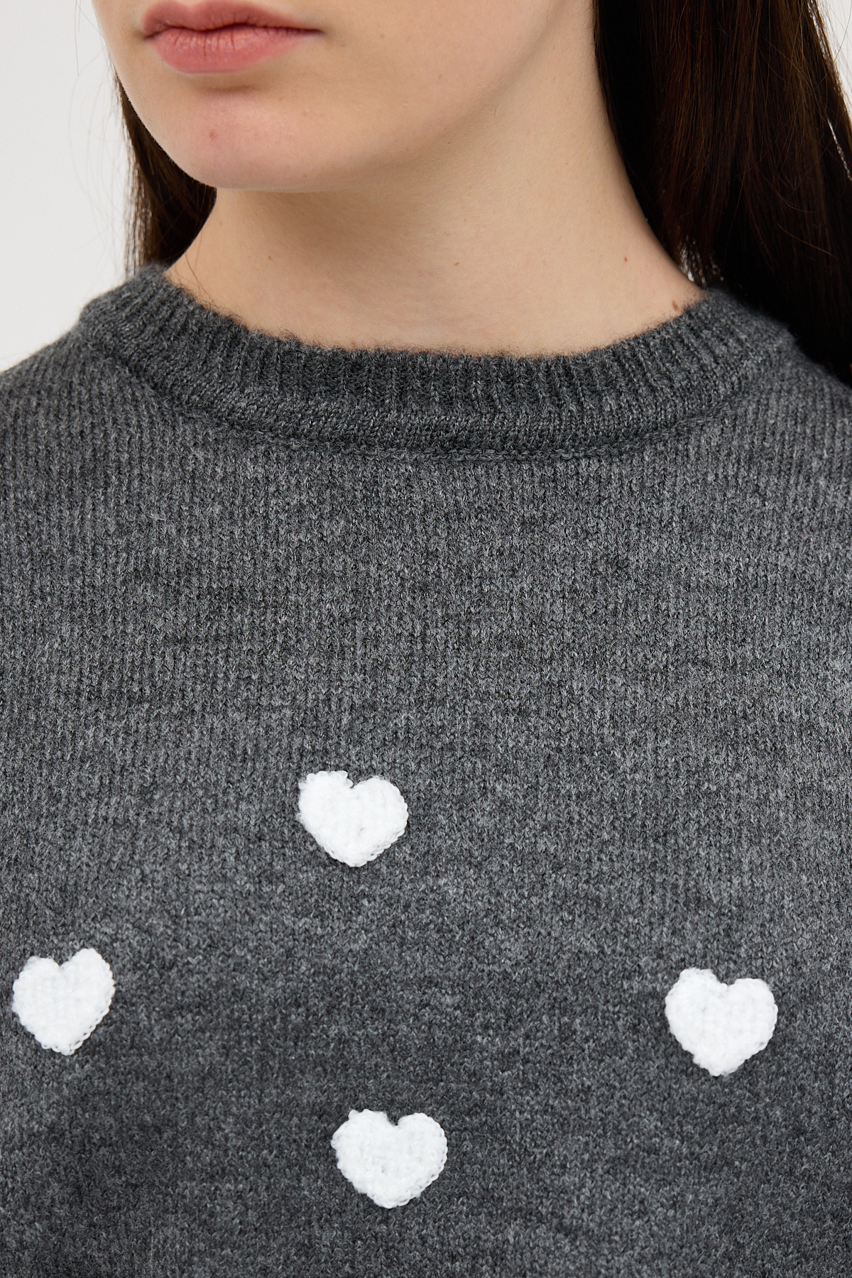 Antrasit Kalp Nakışlı Bisiklet Yaka Crop Kazak 2337 - 4