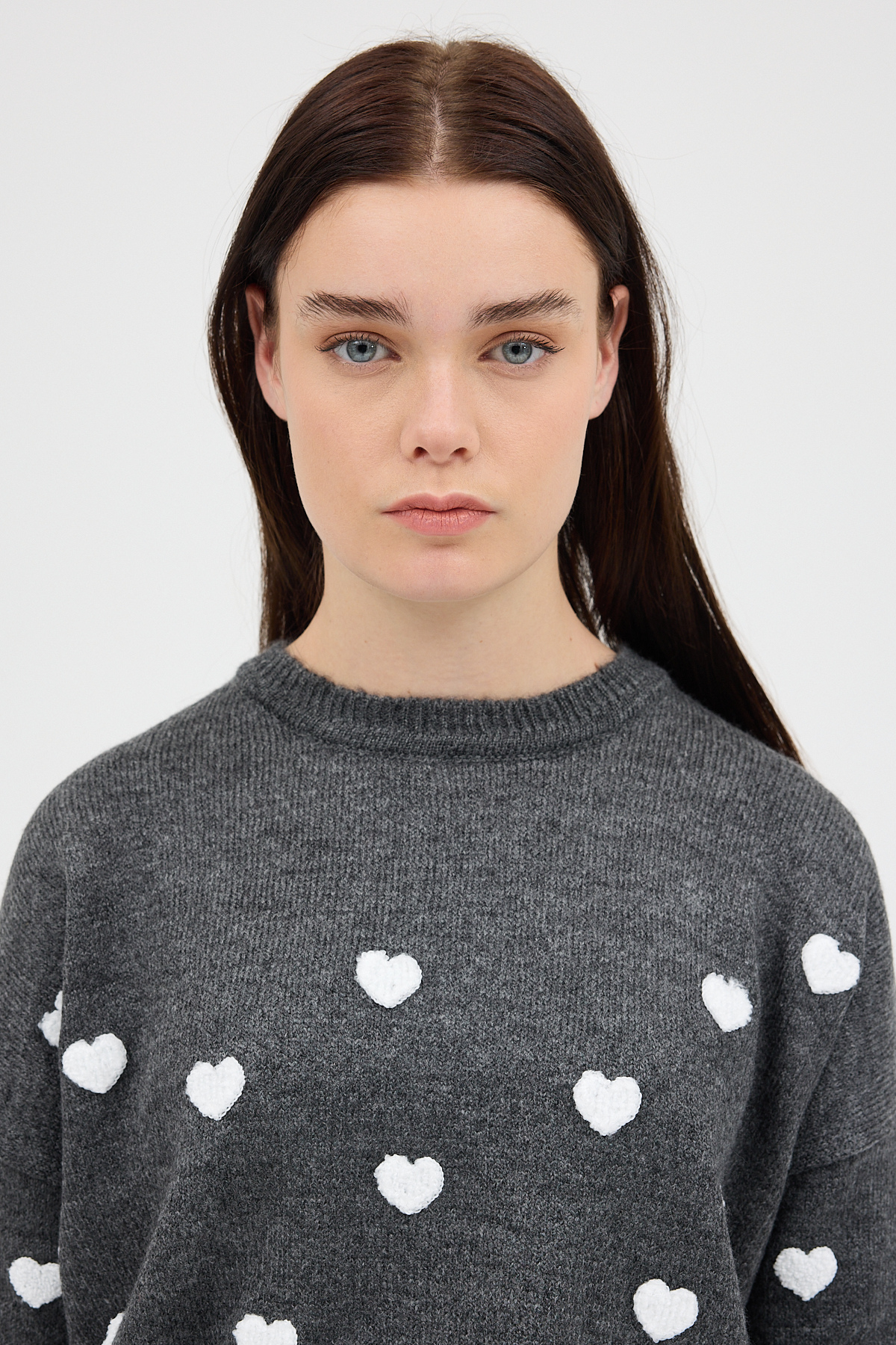 Antrasit Kalp Nakışlı Bisiklet Yaka Crop Kazak 2337 - 5