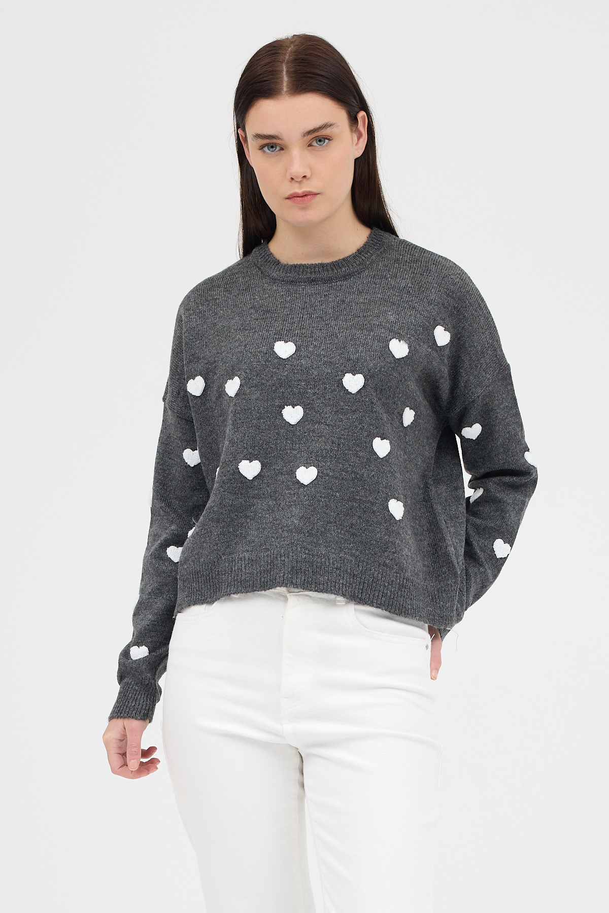 Antrasit Kalp Nakışlı Bisiklet Yaka Crop Kazak 2337 - 7