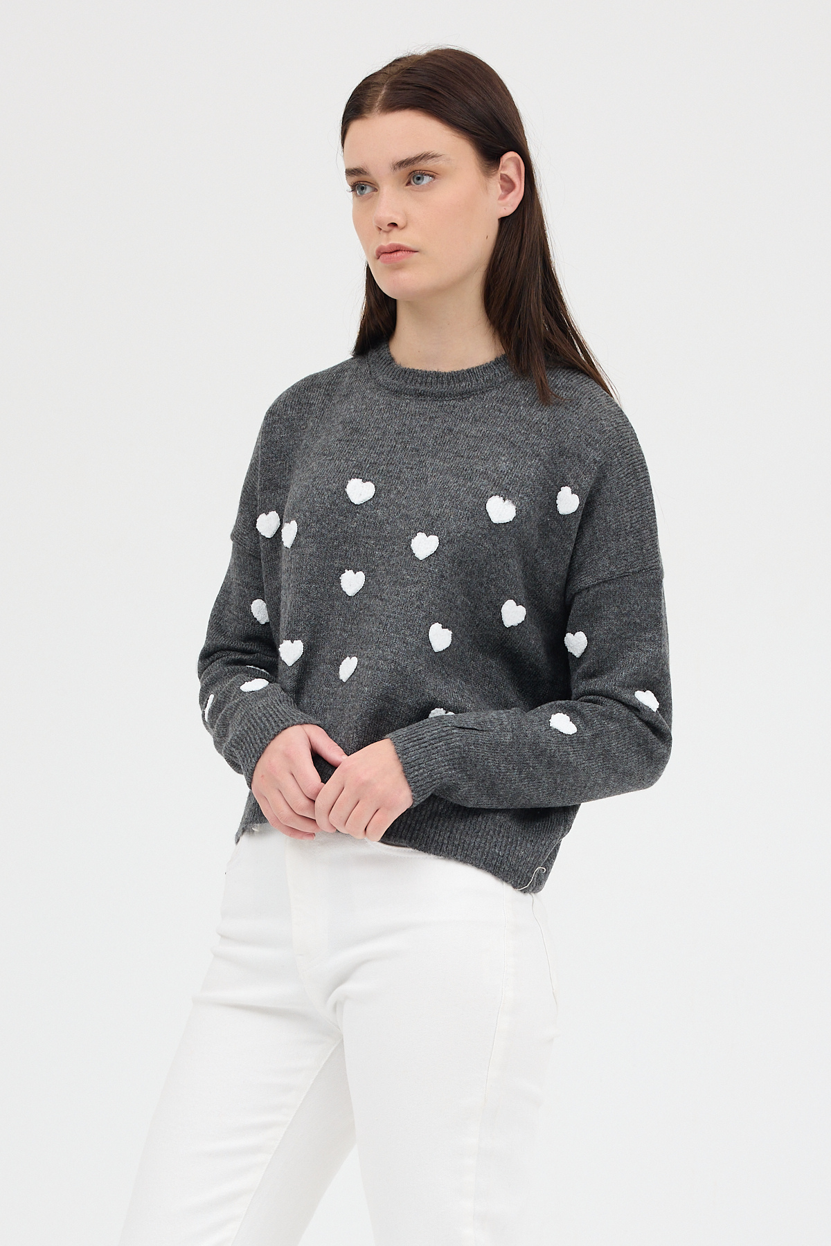 Antrasit Kalp Nakışlı Bisiklet Yaka Crop Kazak 2337 - 8