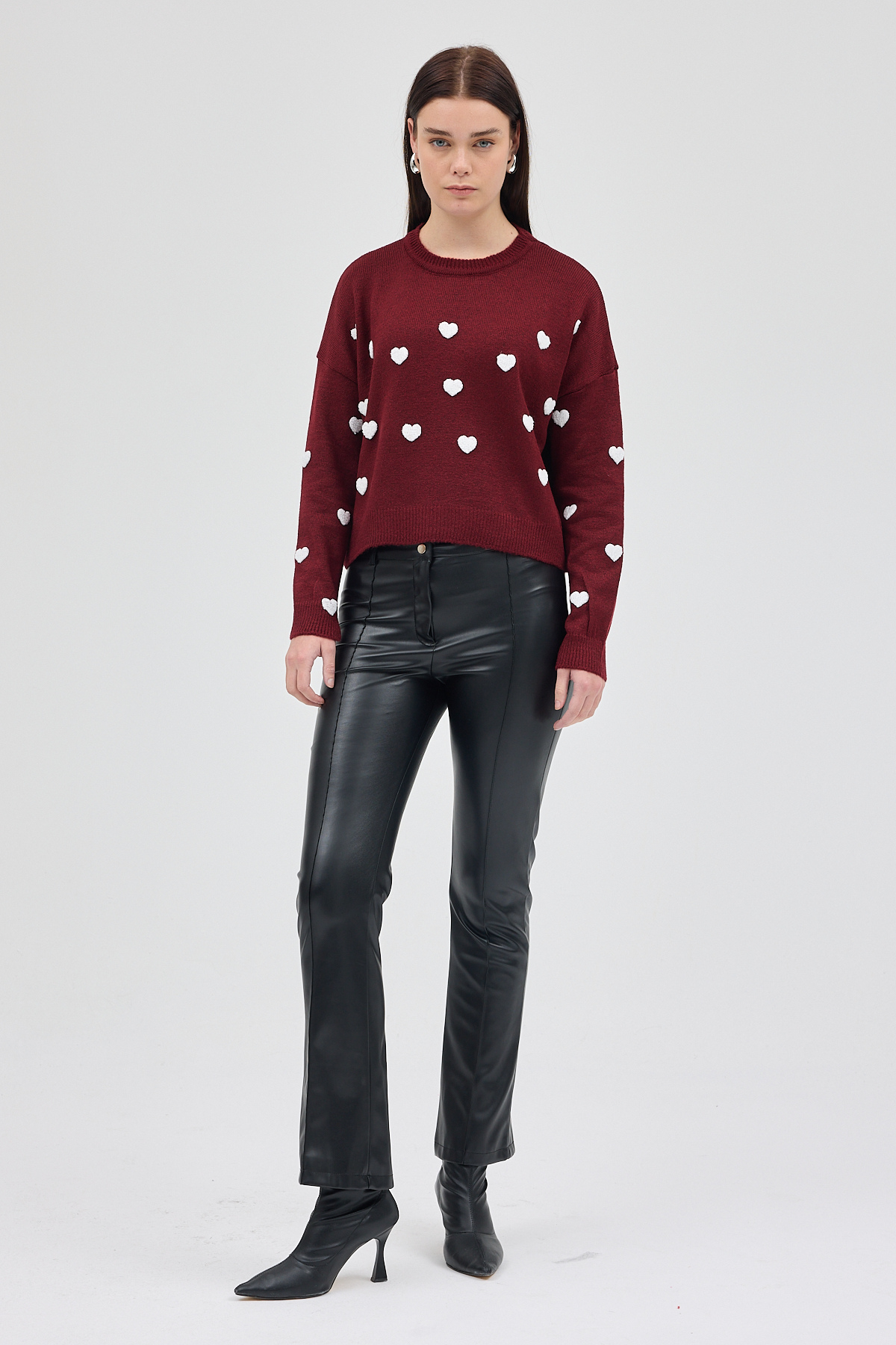 Bordo Kalp Nakışlı Bisiklet Yaka Crop Kazak 2337 - RAYS