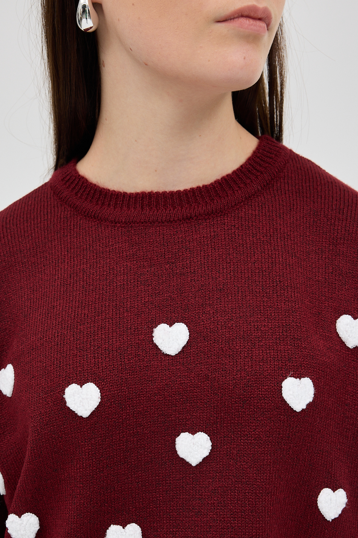 Bordo Kalp Nakışlı Bisiklet Yaka Crop Kazak 2337 - RAYS