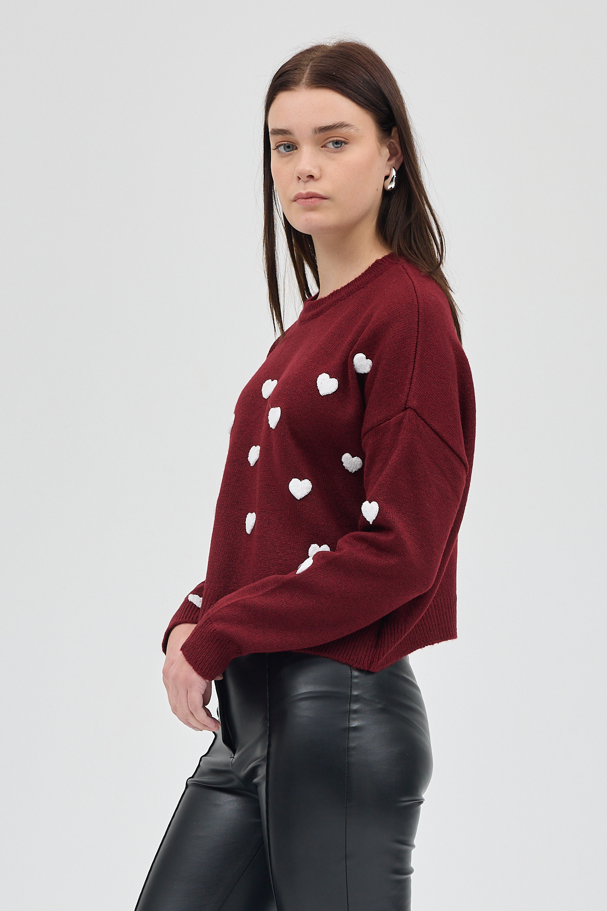 Bordo Kalp Nakışlı Bisiklet Yaka Crop Kazak 2337 - 2