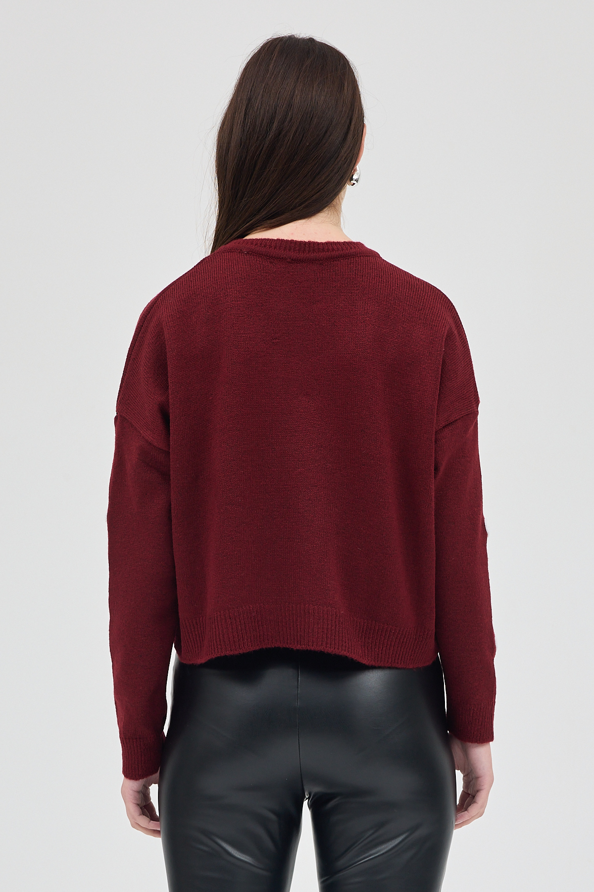 Bordo Kalp Nakışlı Bisiklet Yaka Crop Kazak 2337 - 5