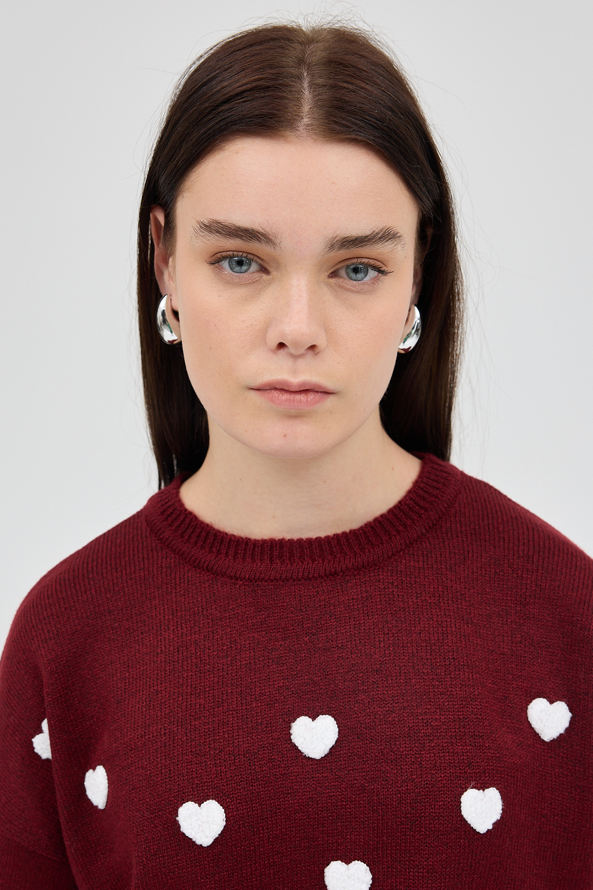 Bordo Kalp Nakışlı Bisiklet Yaka Crop Kazak 2337 - 7