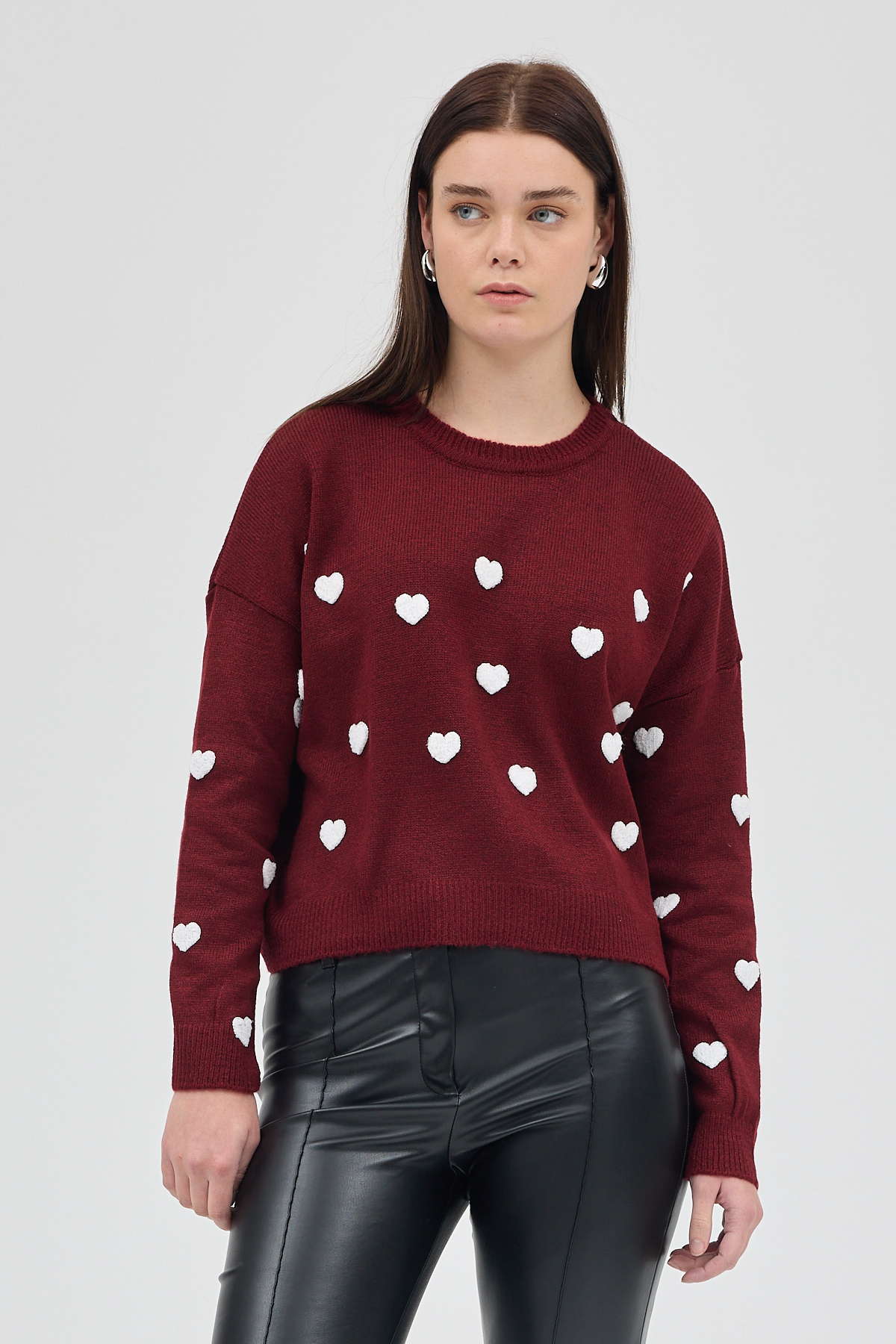 Bordo Kalp Nakışlı Bisiklet Yaka Crop Kazak 2337 - 6