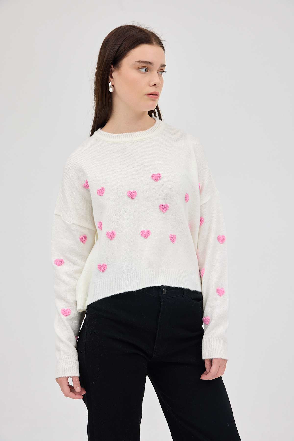 Natural Kalp Nakışlı Bisiklet Yaka Crop Kazak 2337 - 1