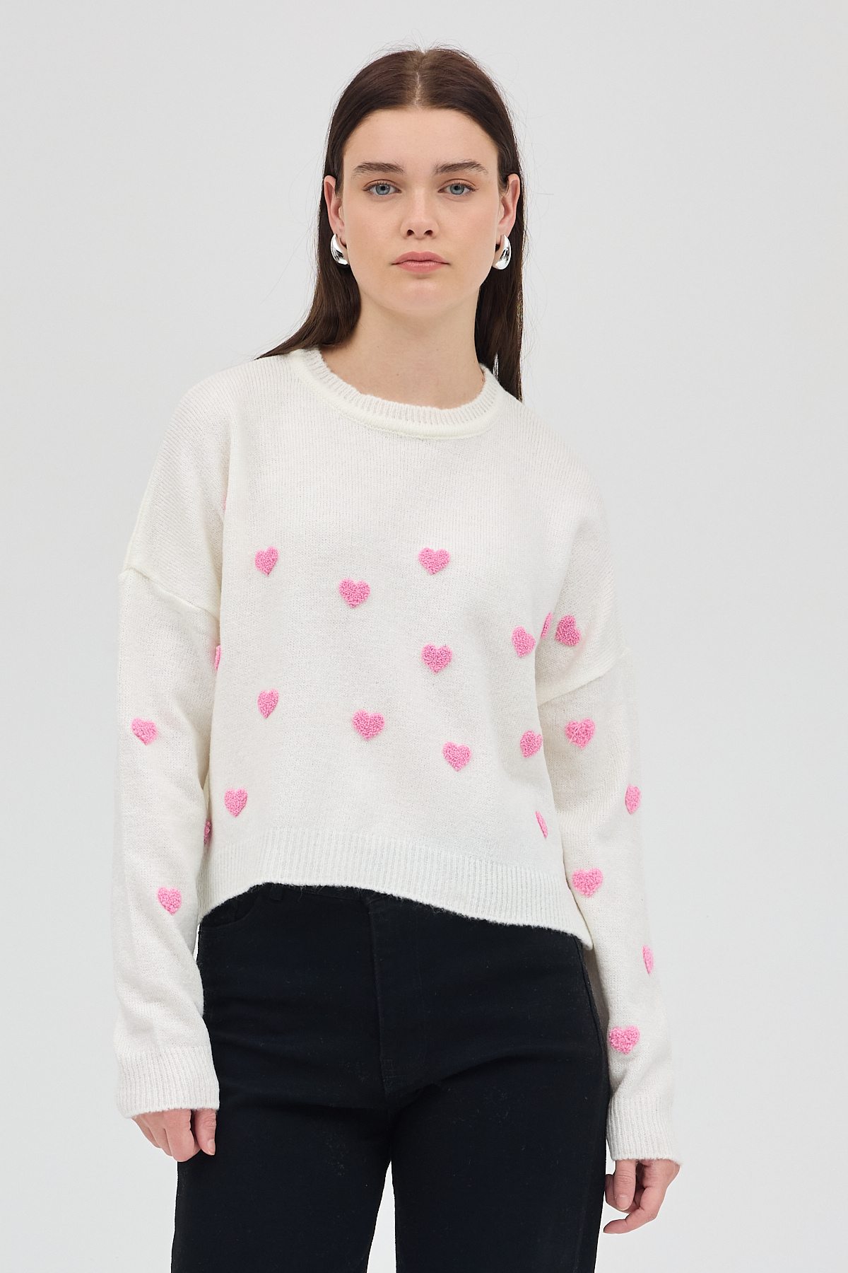 Natural Kalp Nakışlı Bisiklet Yaka Crop Kazak 2337 - 6