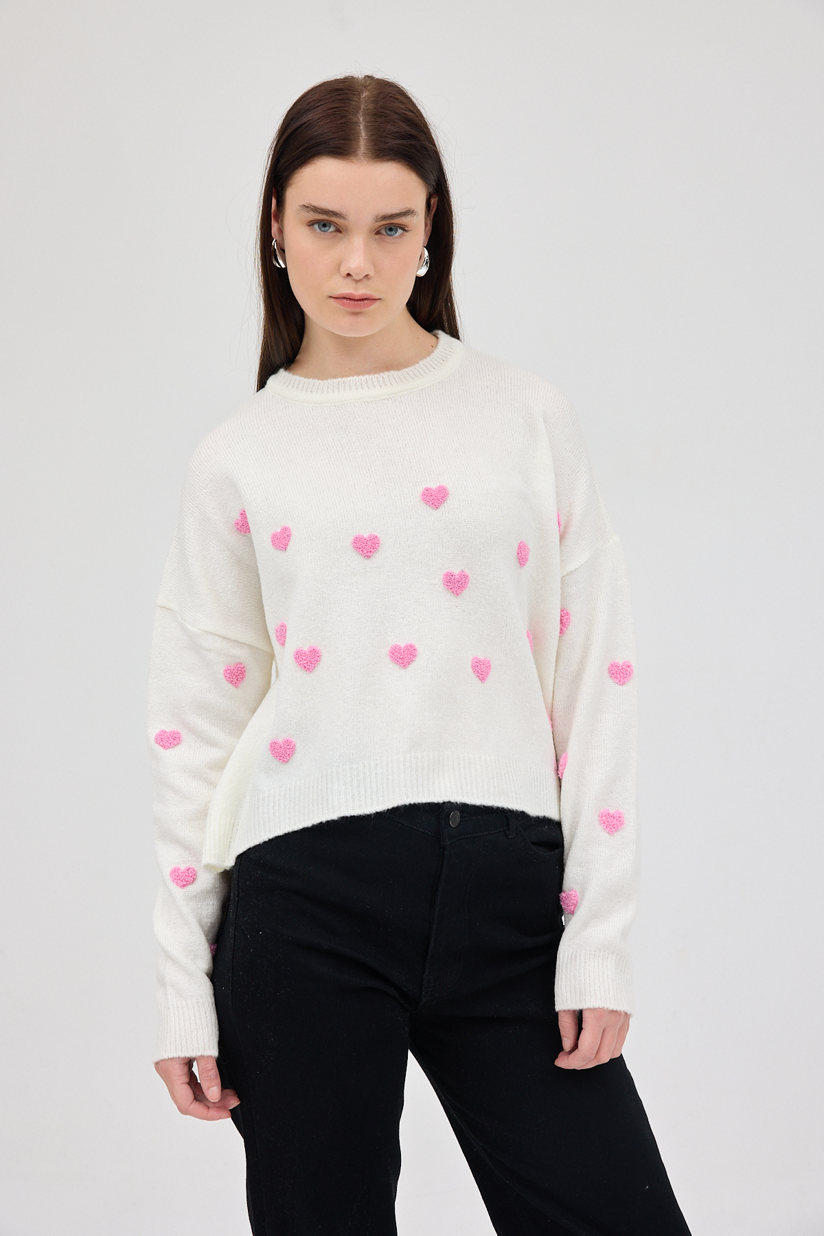 Natural Kalp Nakışlı Bisiklet Yaka Crop Kazak 2337 - 7