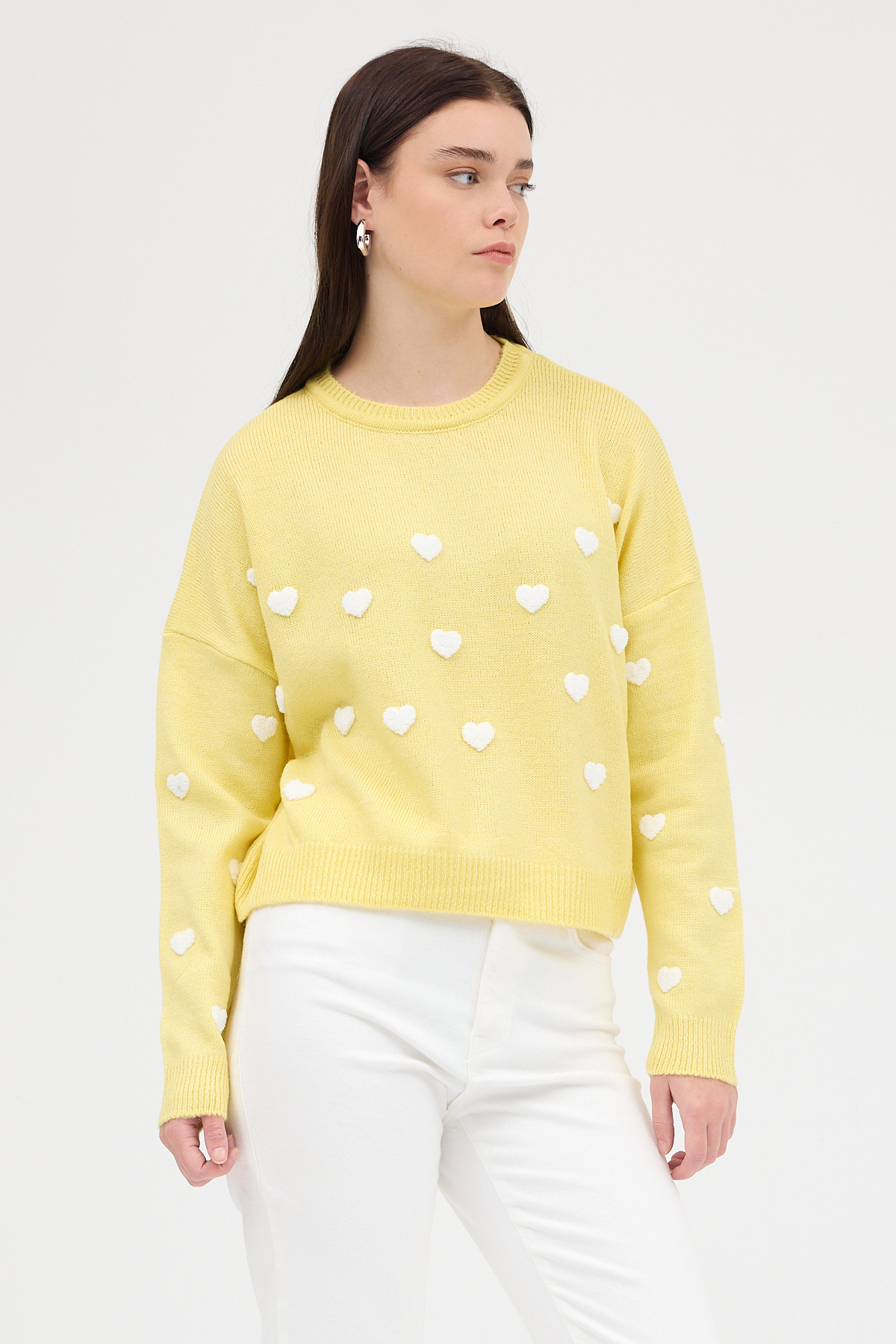 Sarı Kalp Nakışlı Bisiklet Yaka Crop Kazak 2337 - 6