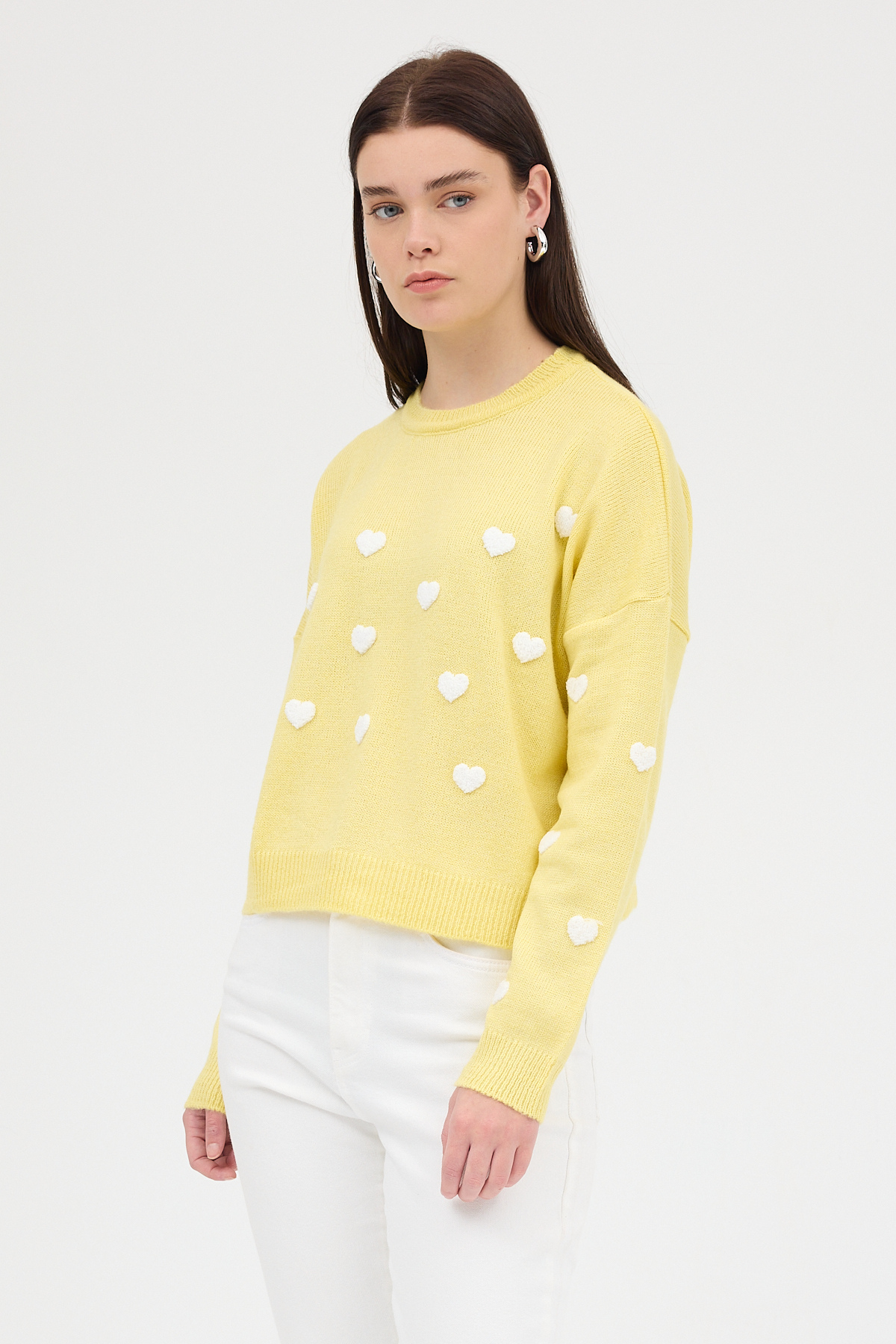 Sarı Kalp Nakışlı Bisiklet Yaka Crop Kazak 2337 