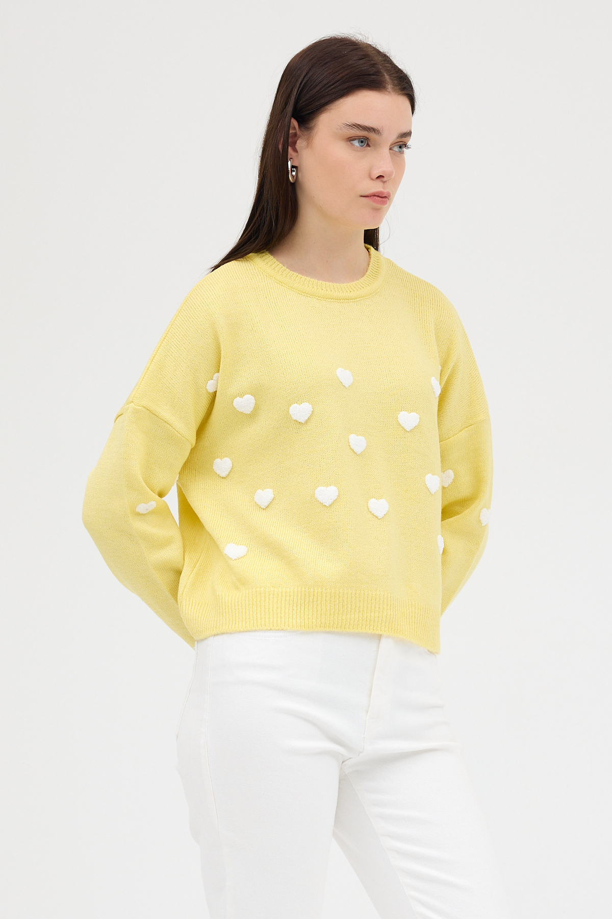 Sarı Kalp Nakışlı Bisiklet Yaka Crop Kazak 2337 - 7