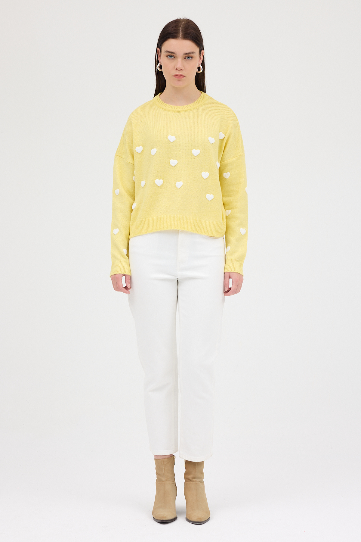 Sarı Kalp Nakışlı Bisiklet Yaka Crop Kazak 2337 - 3