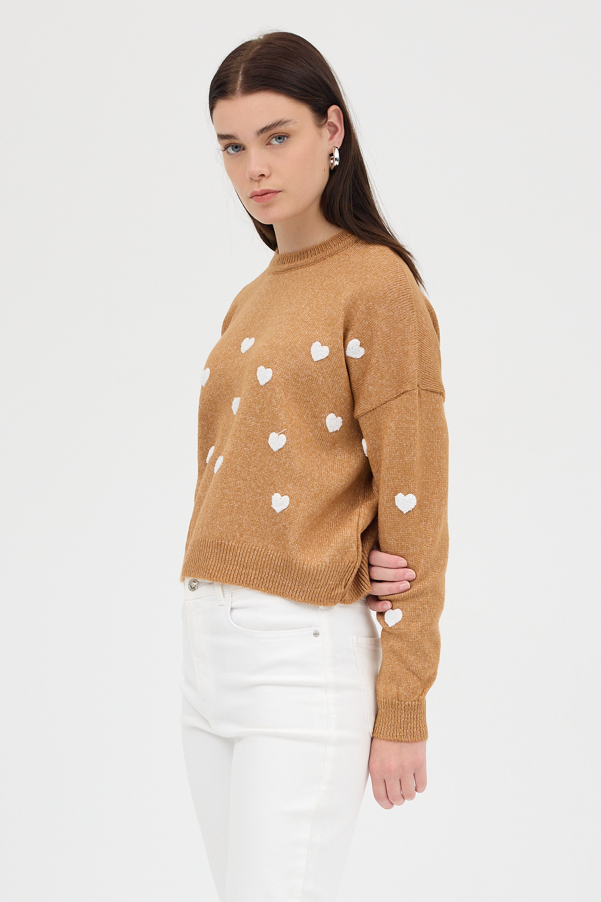 Taba Kalp Nakışlı Bisiklet Yaka Crop Kazak 2337 - 1